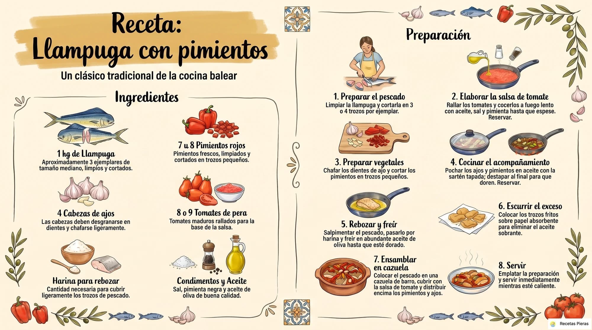 Infografía con los ingredientes y la preparación de Llampuga con pimientos