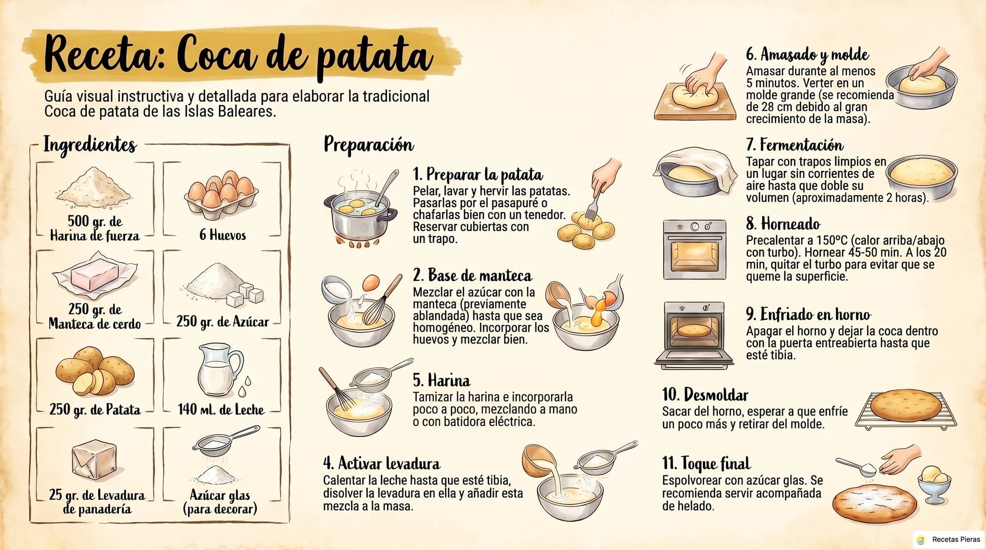 Infografía con los ingredientes y la preparación de Coca de patata (ii)