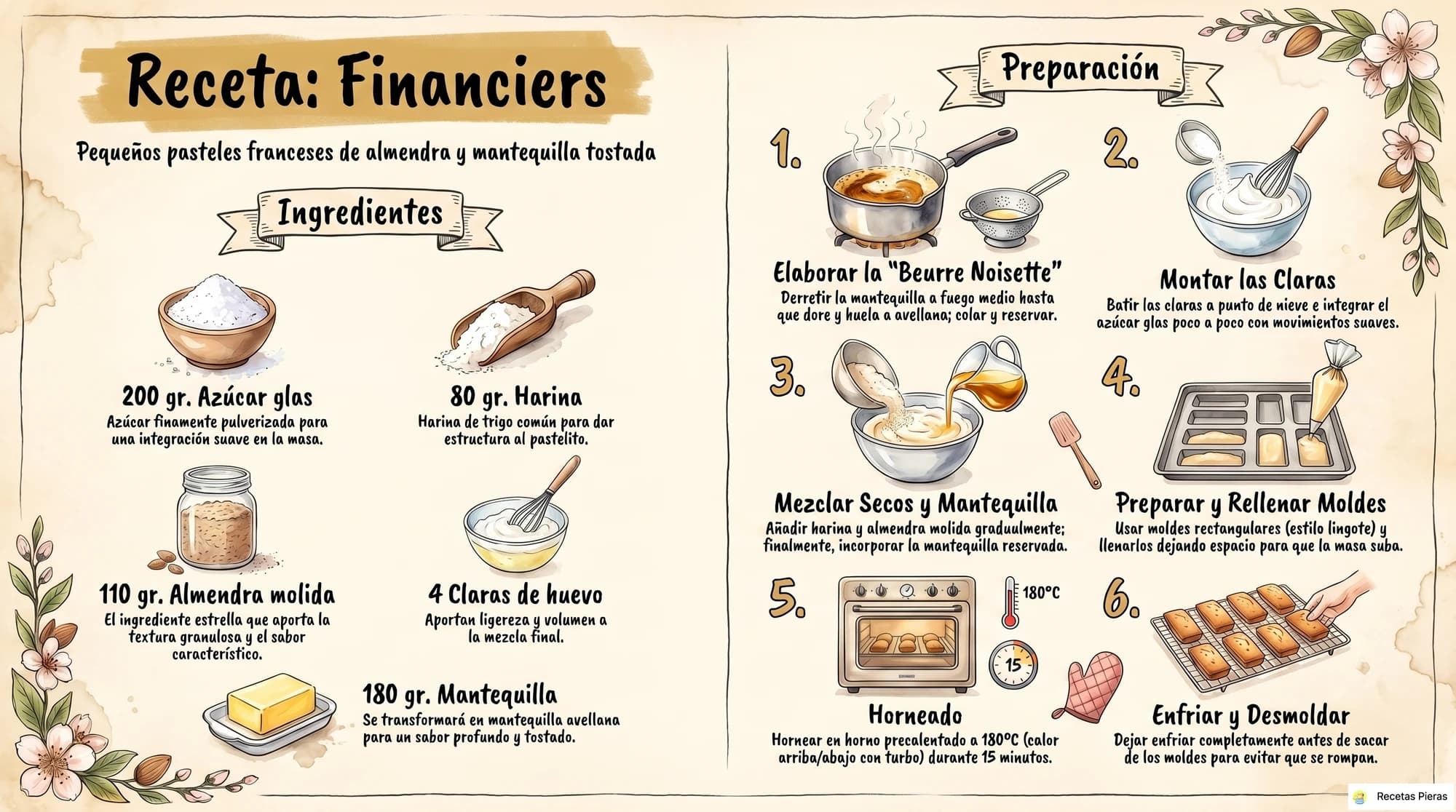 Infografía con los ingredientes y la preparación de Financiers