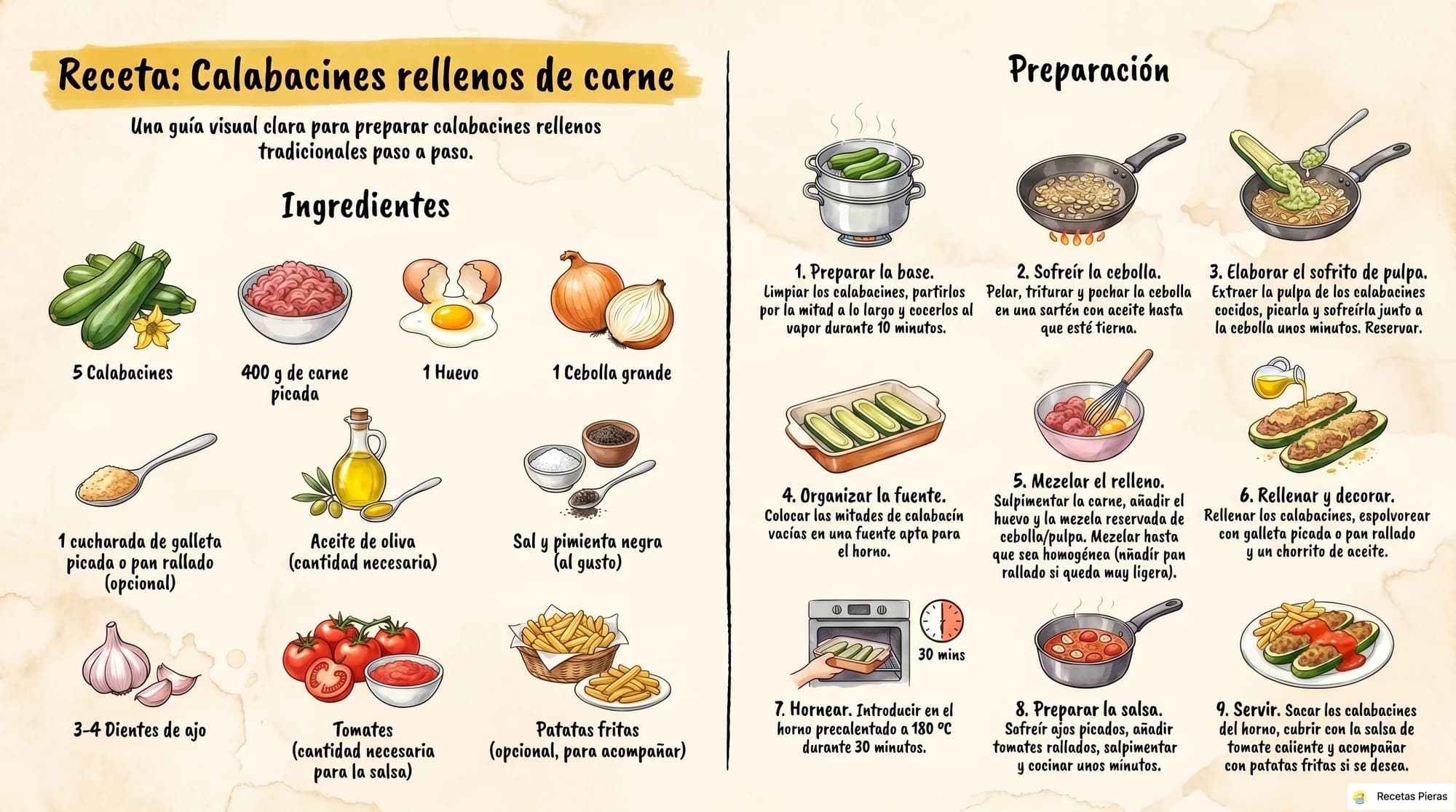 Infografía con los ingredientes y la preparación de Calabacines rellenos de carne