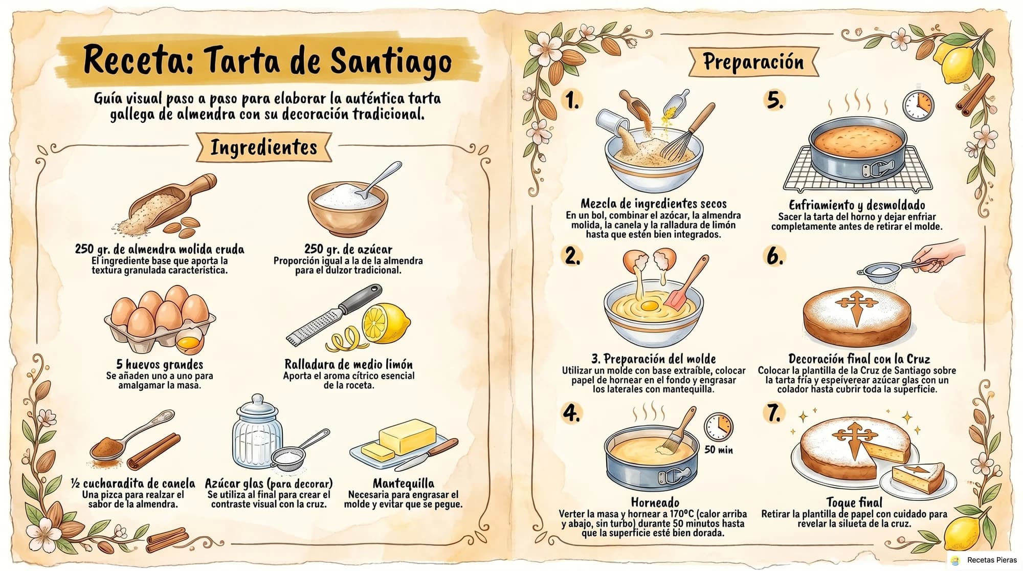 Infografía con los ingredientes y la preparación de Tarta de santiago