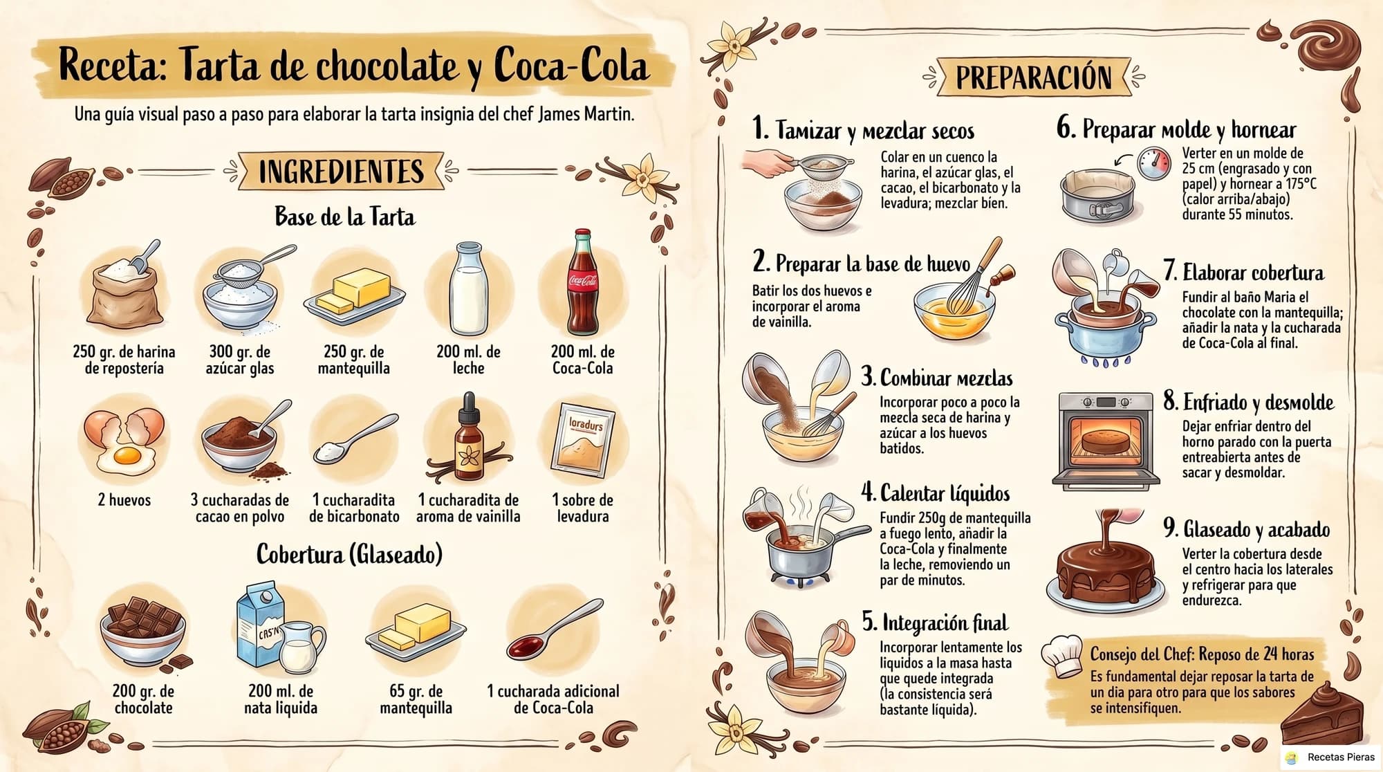 Infografía con los ingredientes y la preparación de Tarta de chocolate y coca-cola