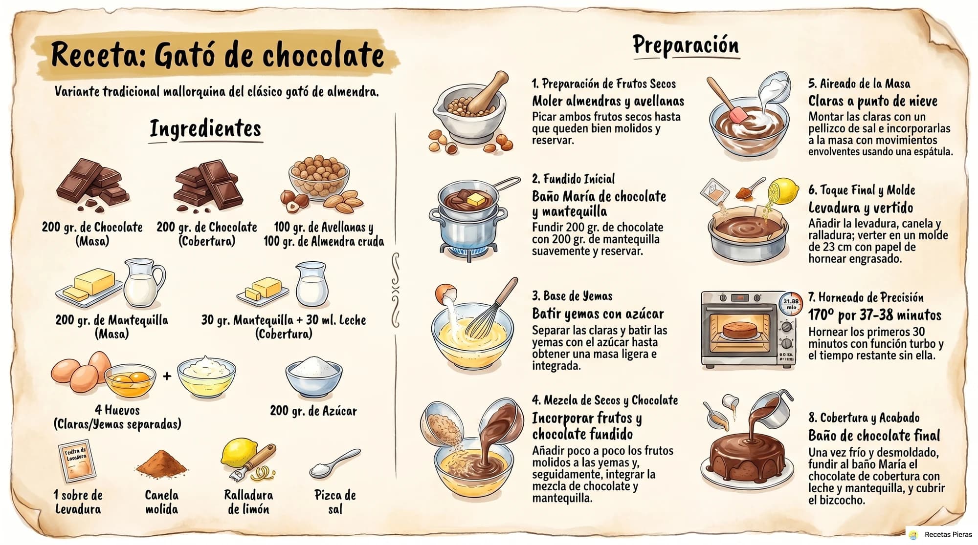 Infografía con los ingredientes y la preparación de Gató de chocolate