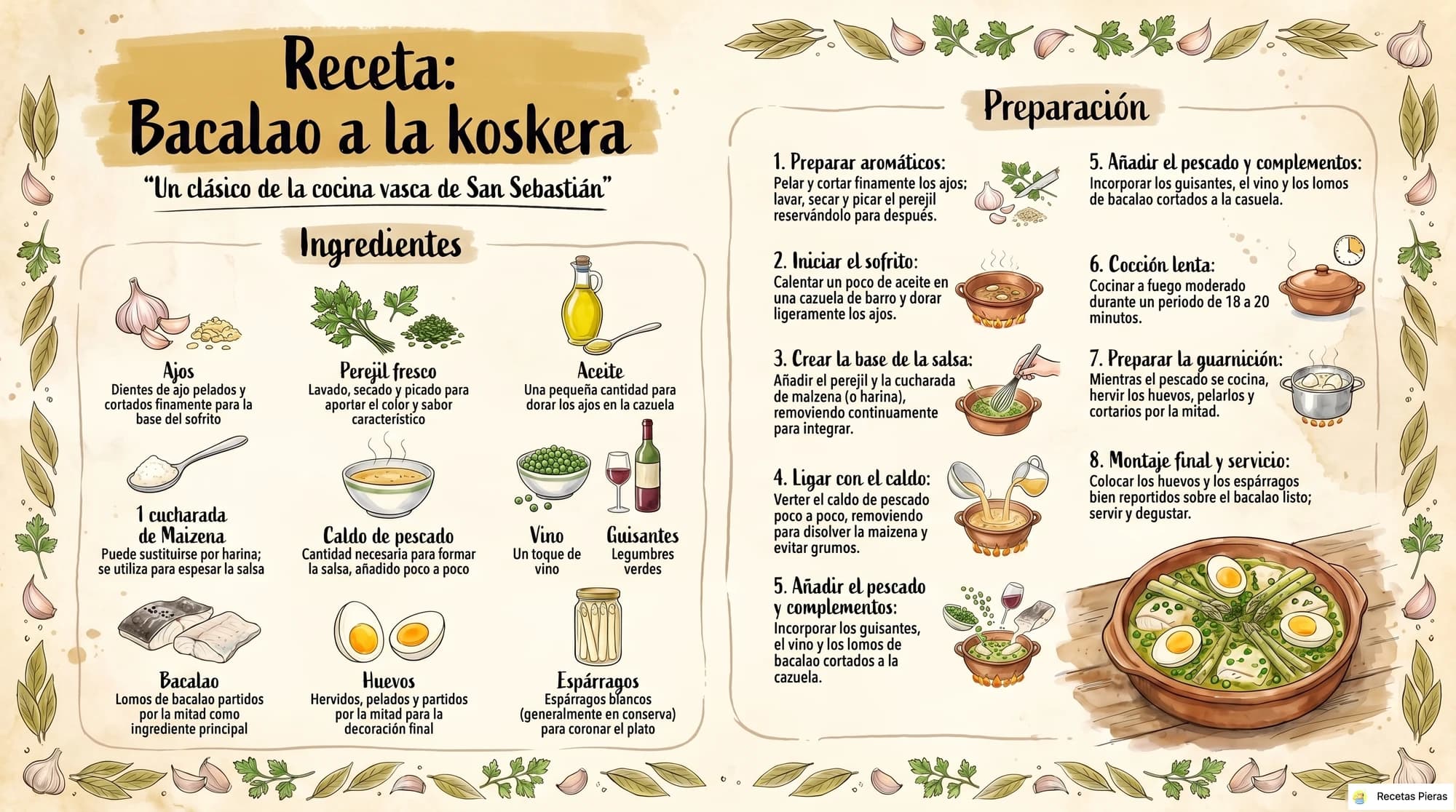 Infografía con los ingredientes y la preparación de Bacalao a la koskera