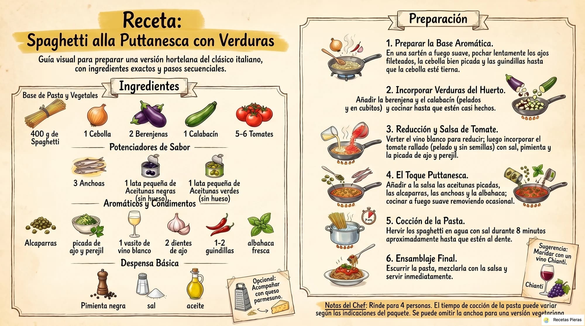Infografía con los ingredientes y la preparación de Spaghetti puttanesca