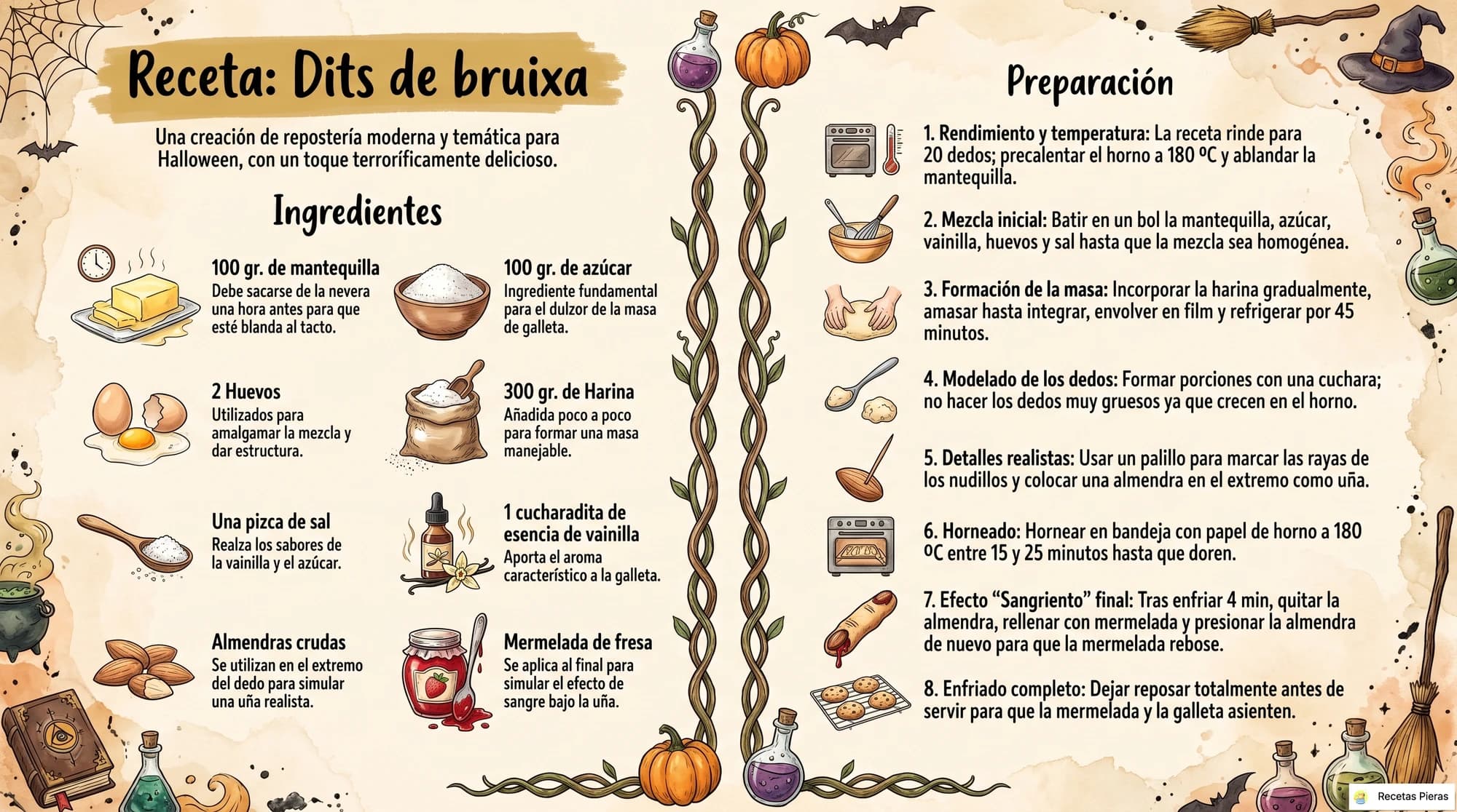 Infografía con los ingredientes y la preparación de Dits de bruixa