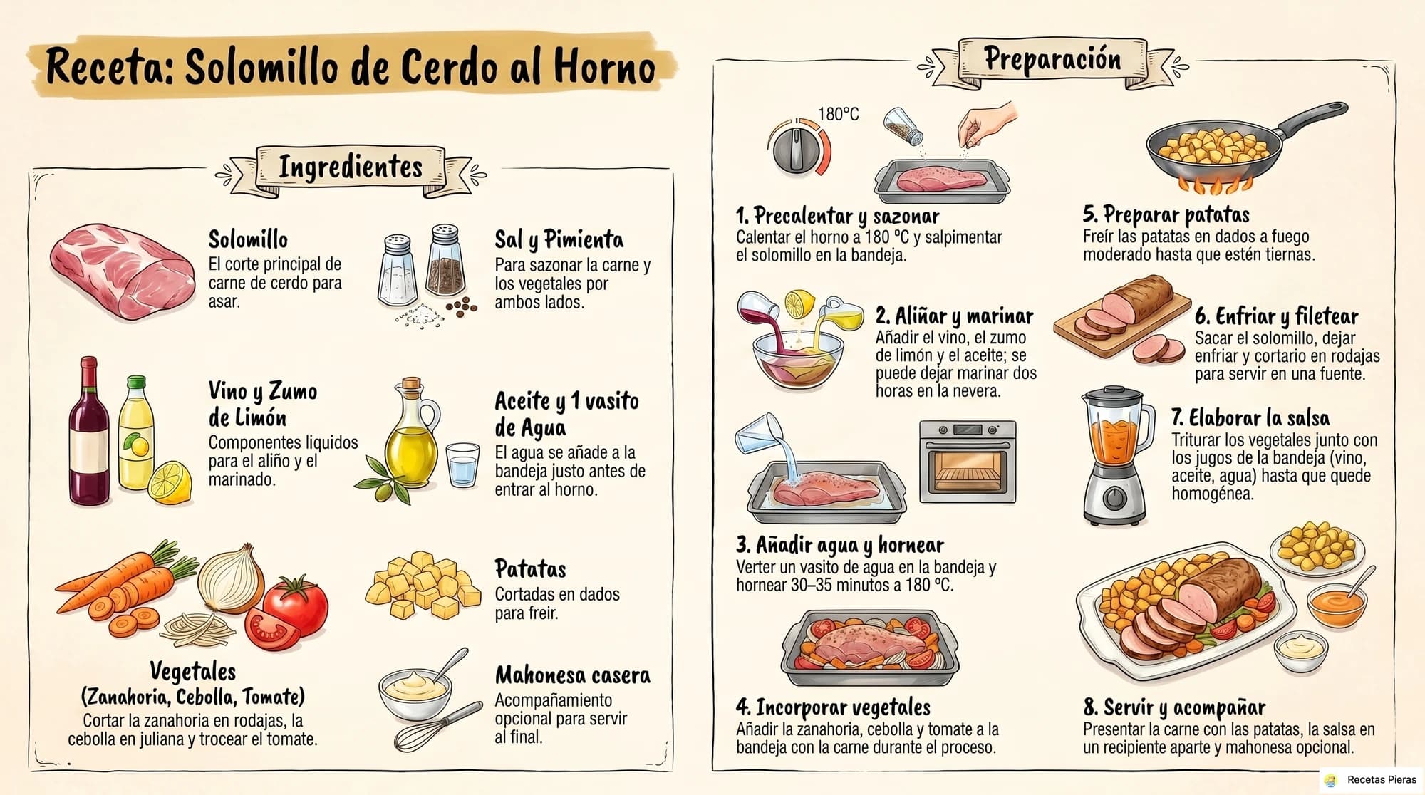 Infografía con los ingredientes y la preparación de Solomillo de cerdo al horno