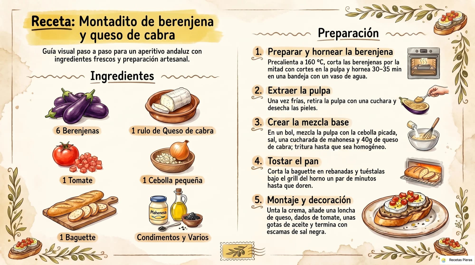 Infografía con los ingredientes y la preparación de Montadito de berenjena y queso de cabra