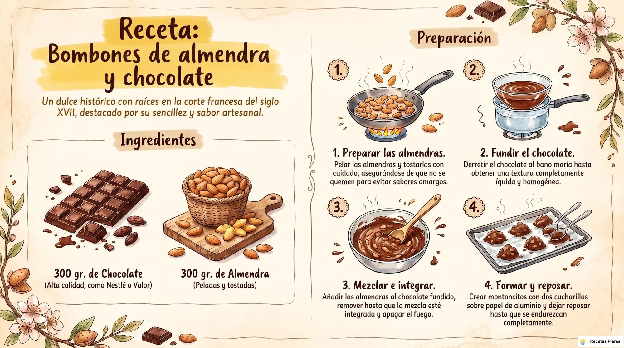 Infografía con los ingredientes y la preparación de Bombones de almendra y chocolate