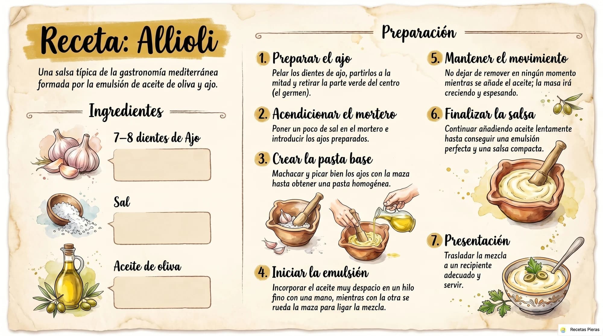 Infografía con los ingredientes y la preparación de Allioli