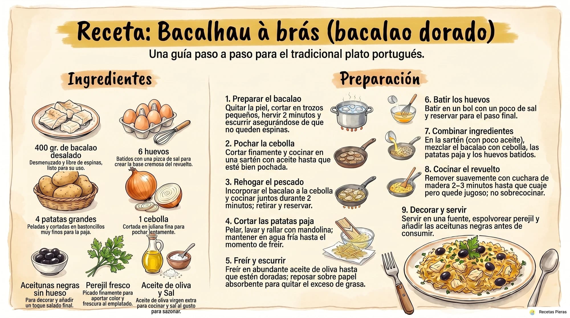 Infografía con los ingredientes y la preparación de Bacalhau à brás (bacalao dorado)