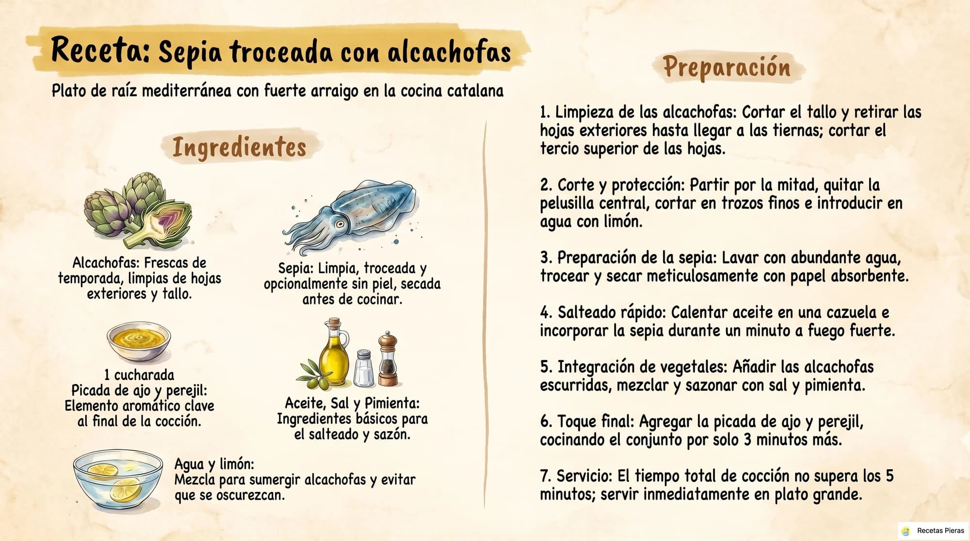 Infografía con los ingredientes y la preparación de Sepia troceada con alcachofas