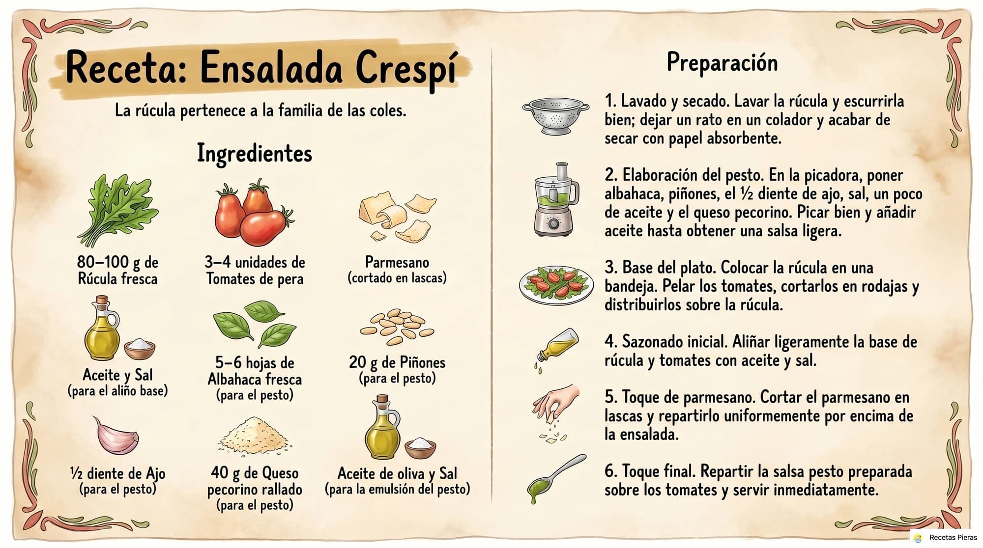 Infografía con los ingredientes y la preparación de Ensalada crespí