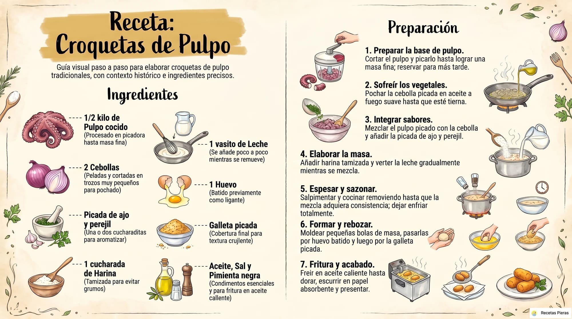 Infografía con los ingredientes y la preparación de Croquetas de pulpo