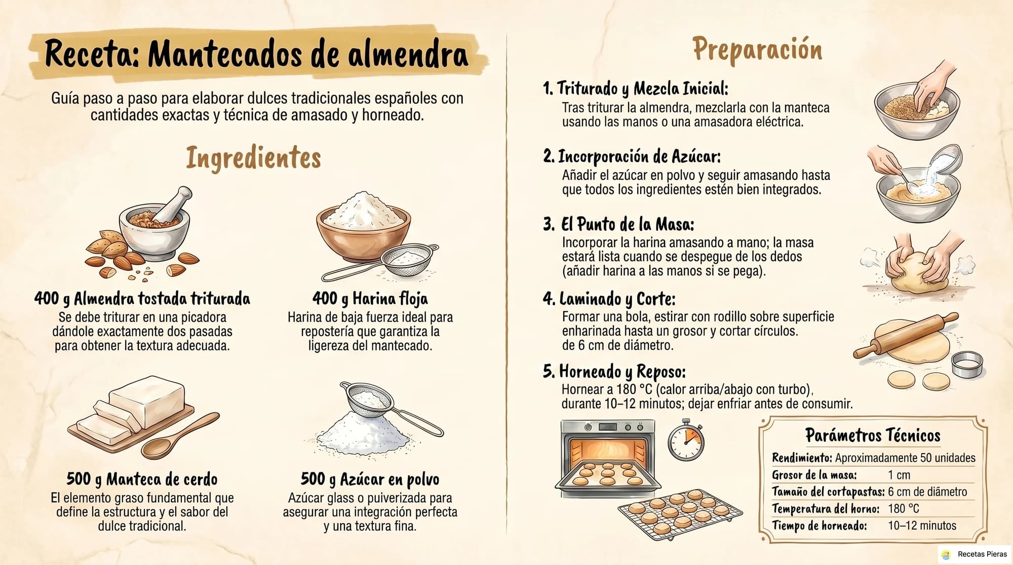 Infografía con los ingredientes y la preparación de Mantecados de almendra