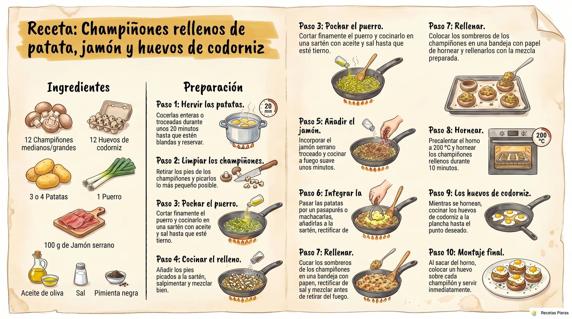 Infografía con los ingredientes y la preparación de Champiñones rellenos de patata, jamón y huevos de codorniz