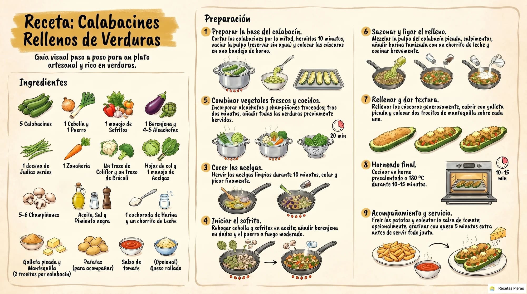 Infografía con los ingredientes y la preparación de Calabacines rellenos de verduras