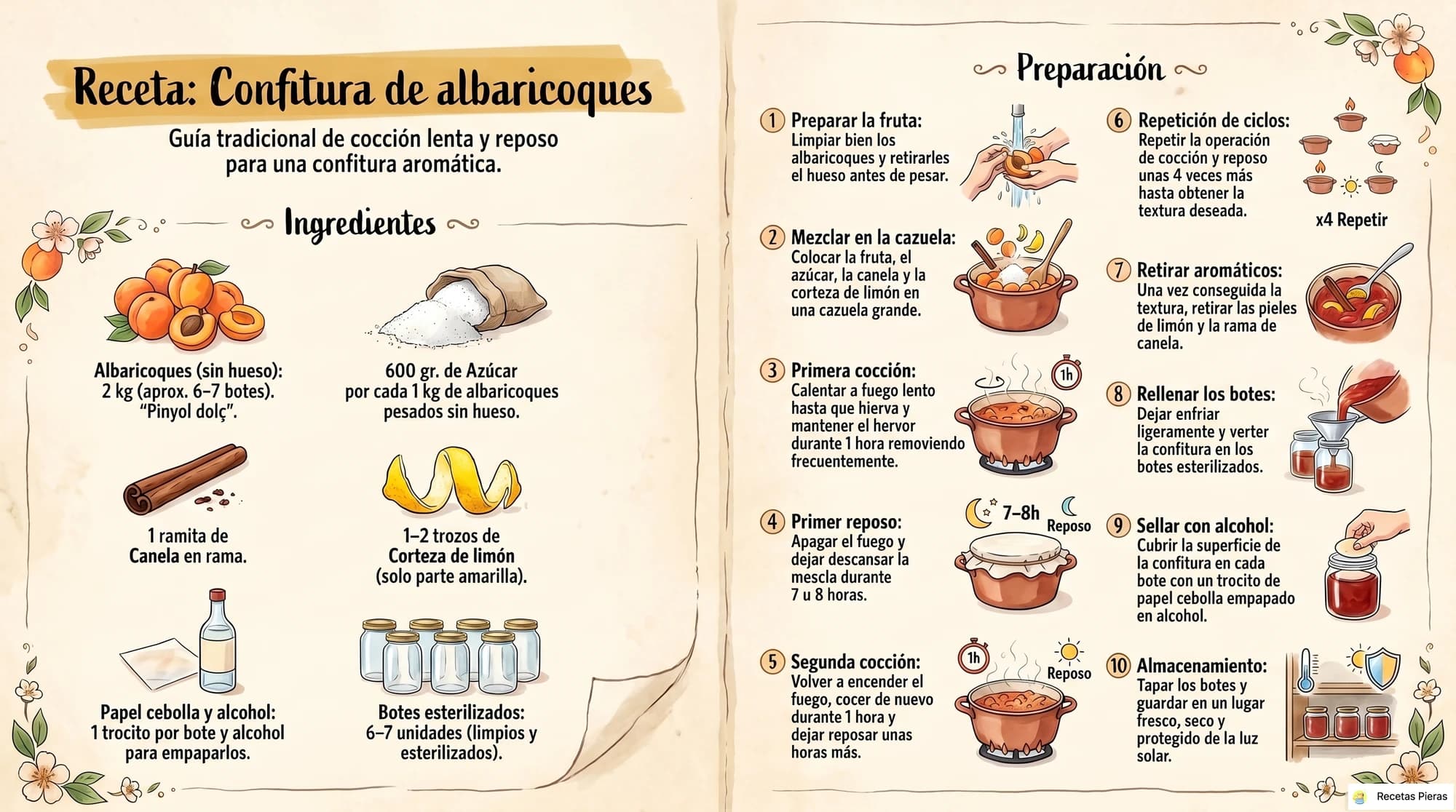 Infografía con los ingredientes y la preparación de Confitura de albaricoques