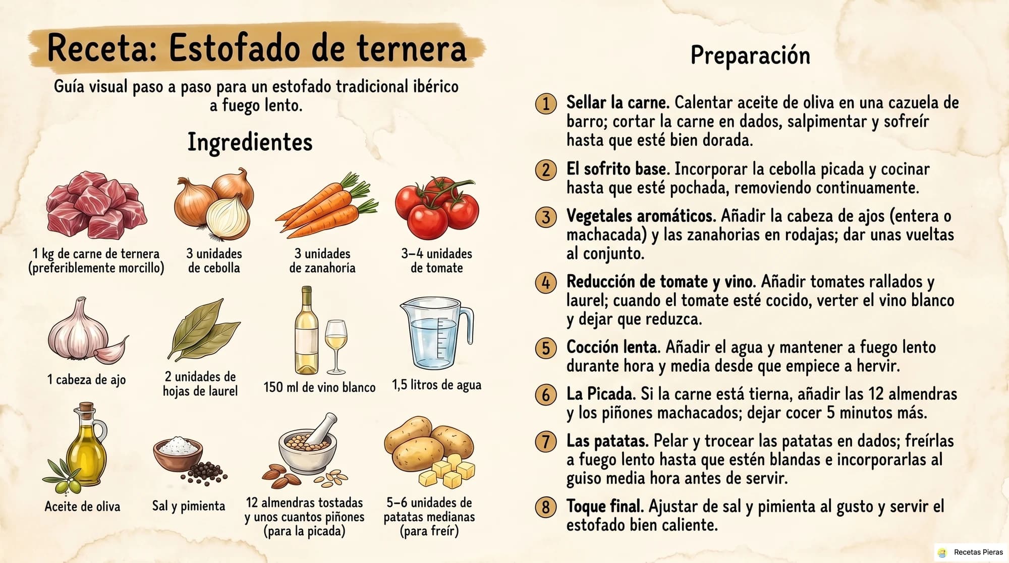 Infografía con los ingredientes y la preparación de Estofado de ternera