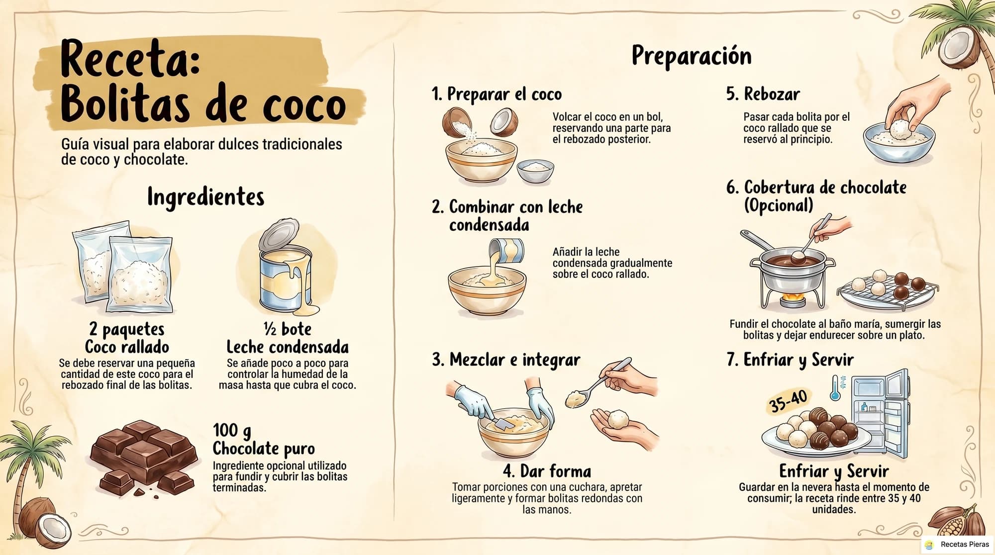 Infografía con los ingredientes y la preparación de Bolitas de coco