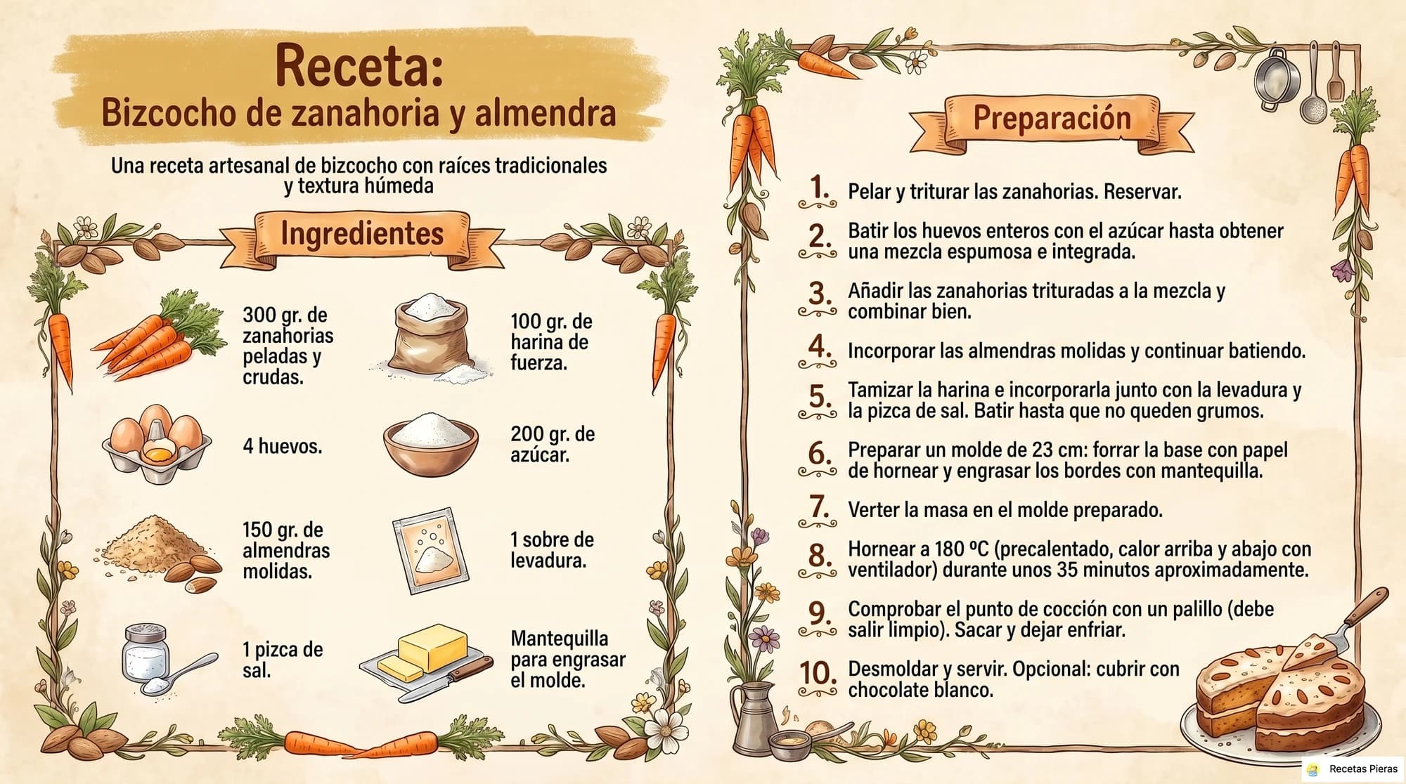 Infografía con los ingredientes y la preparación de Bizcocho de zanahoria y almendra