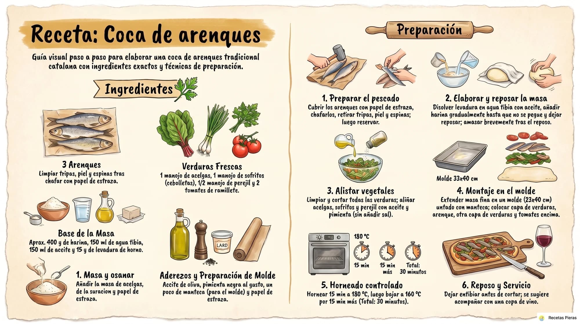 Infografía con los ingredientes y la preparación de Coca de arenques