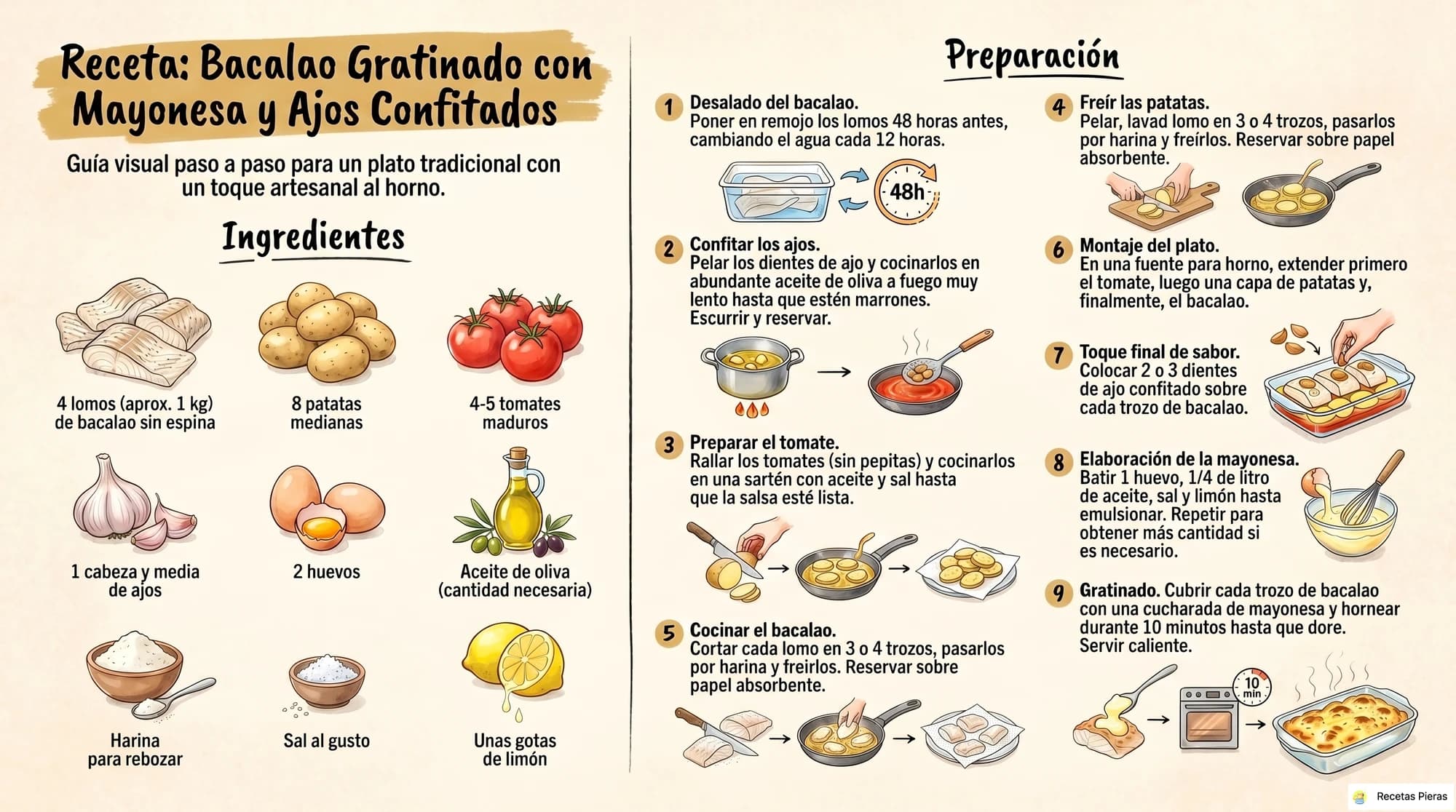 Infografía con los ingredientes y la preparación de Bacalao gratinado con mayonesa