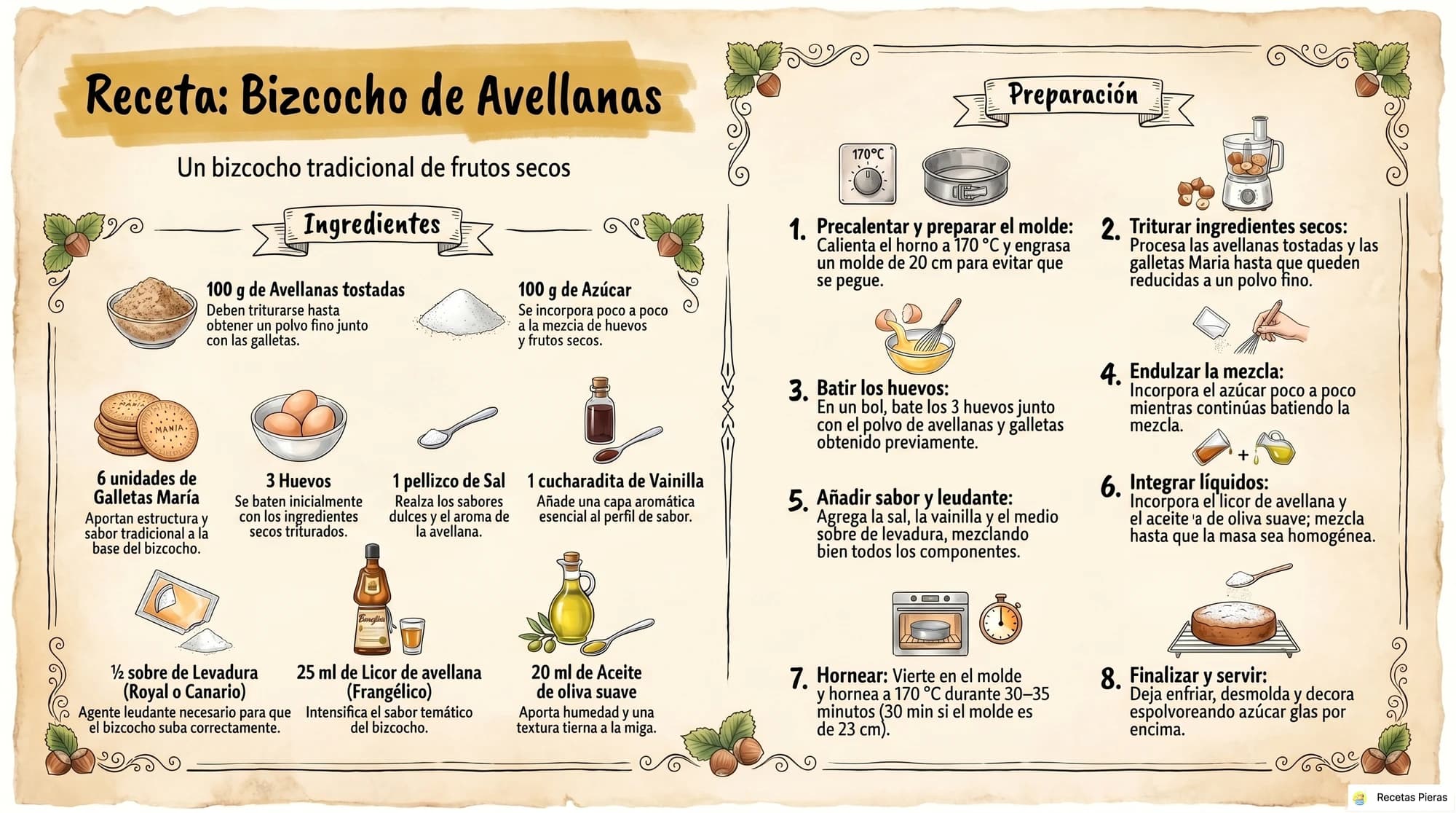 Infografía con los ingredientes y la preparación de Bizcocho de avellanas