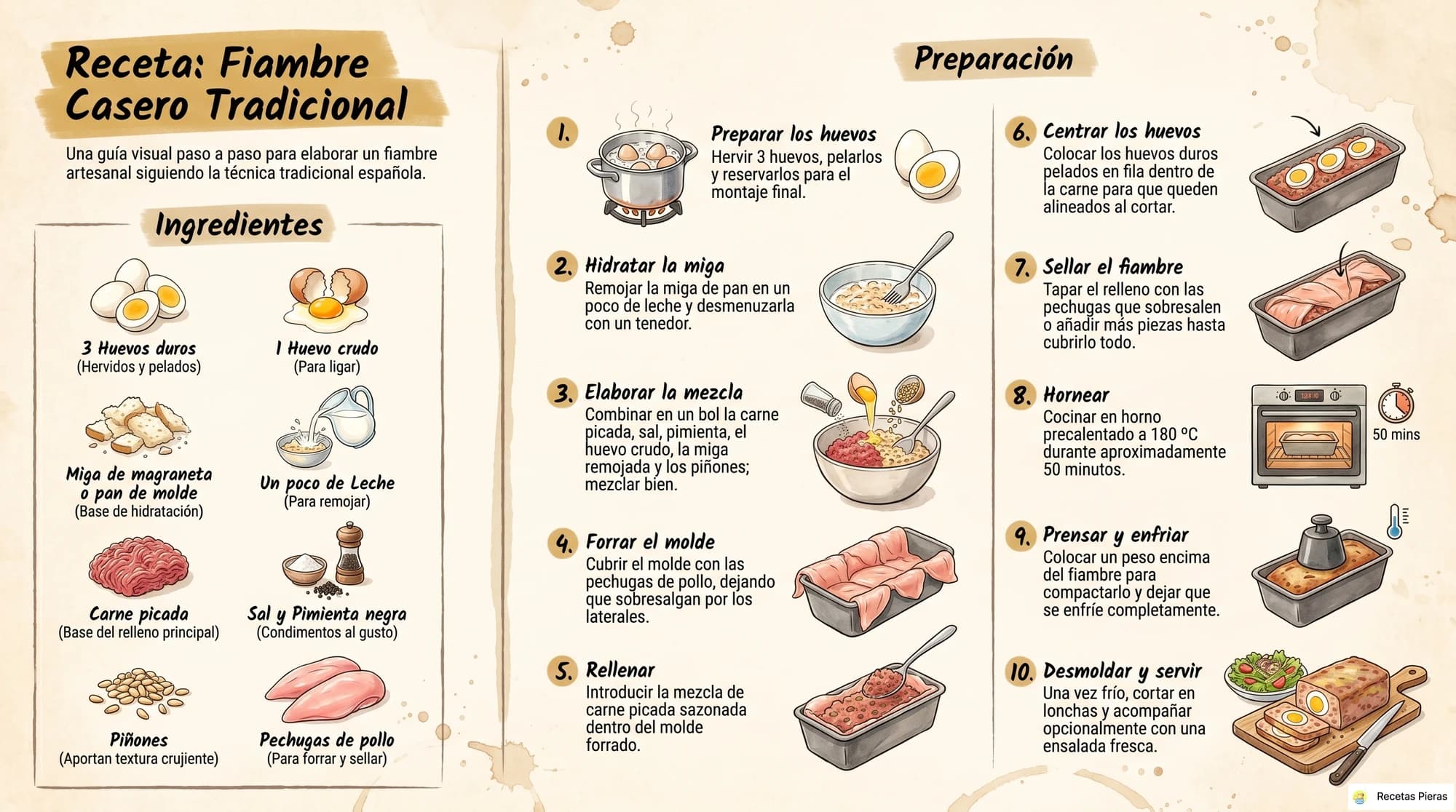 Infografía con los ingredientes y la preparación de Fiambre