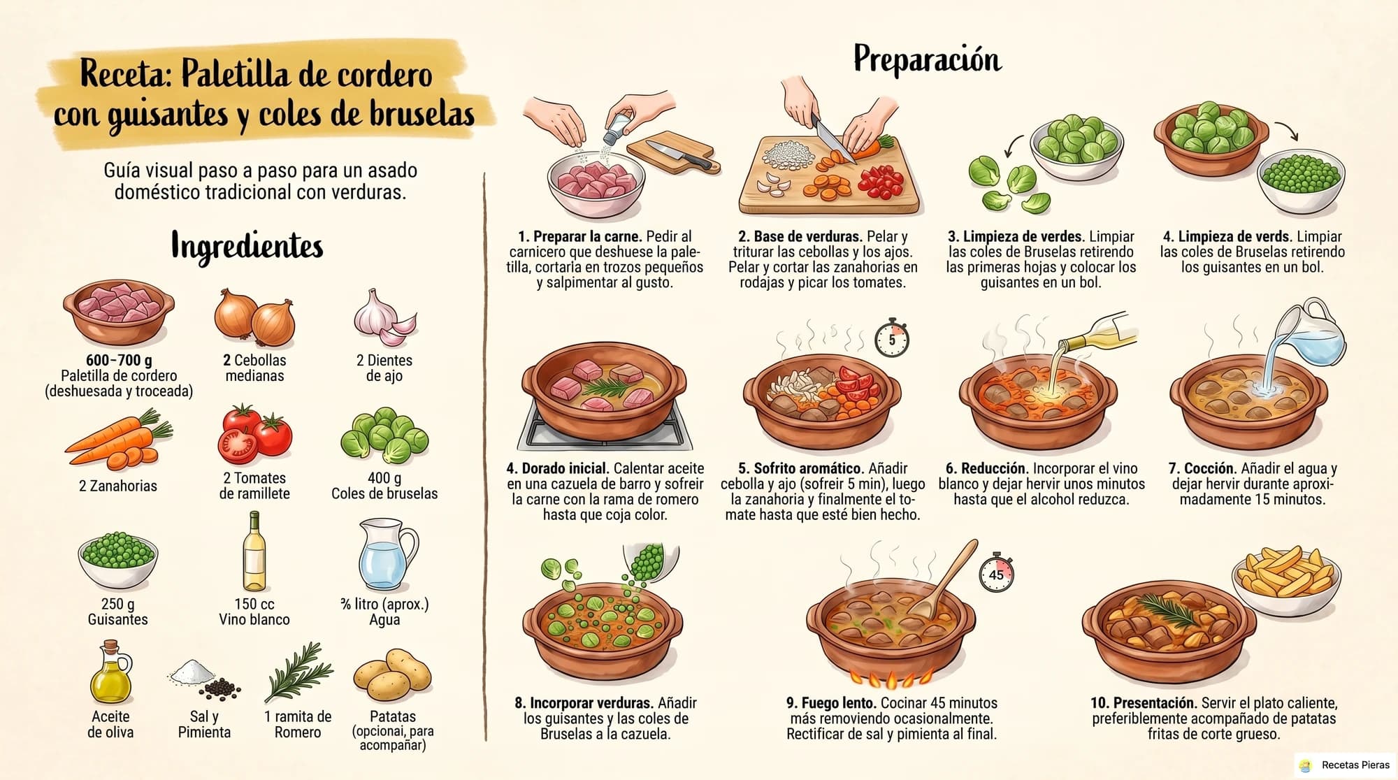 Infografía con los ingredientes y la preparación de Paletilla de cordero con guisantes y coles de bruselas