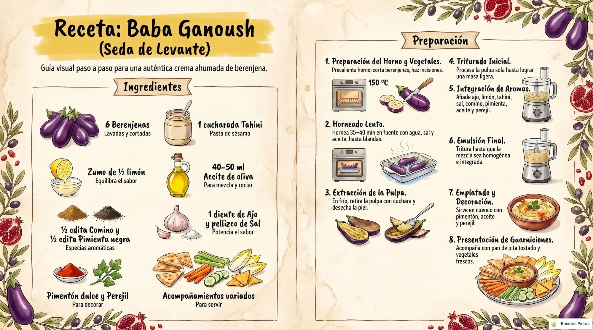 Infografía con los ingredientes y la preparación de Baba ganoush