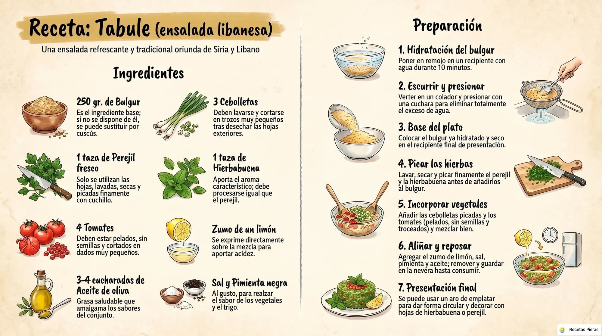 Infografía con los ingredientes y la preparación de Tabule (ensalada libanesa)