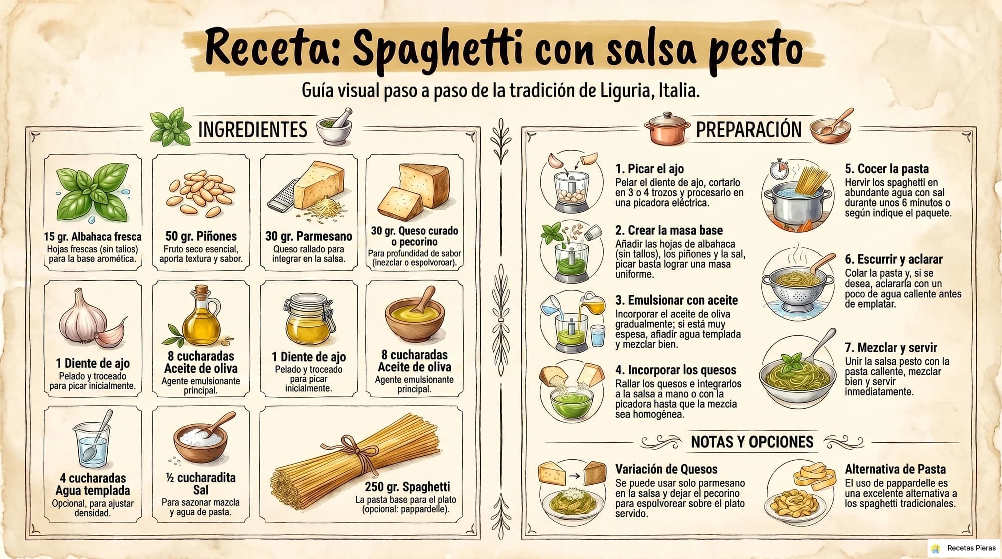 Infografía con los ingredientes y la preparación de Spaghetti con salsa pesto