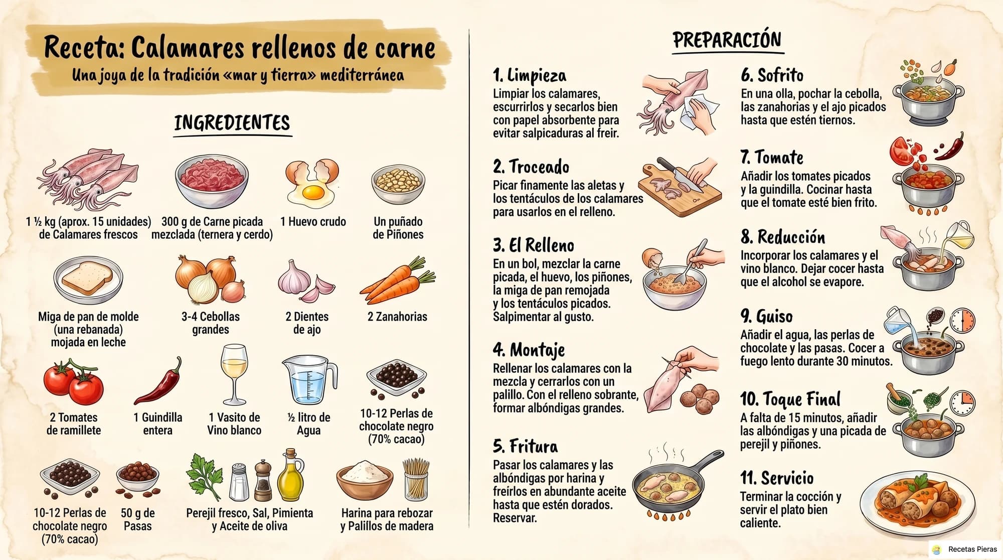 Infografía con los ingredientes y la preparación de Calamares rellenos de carne