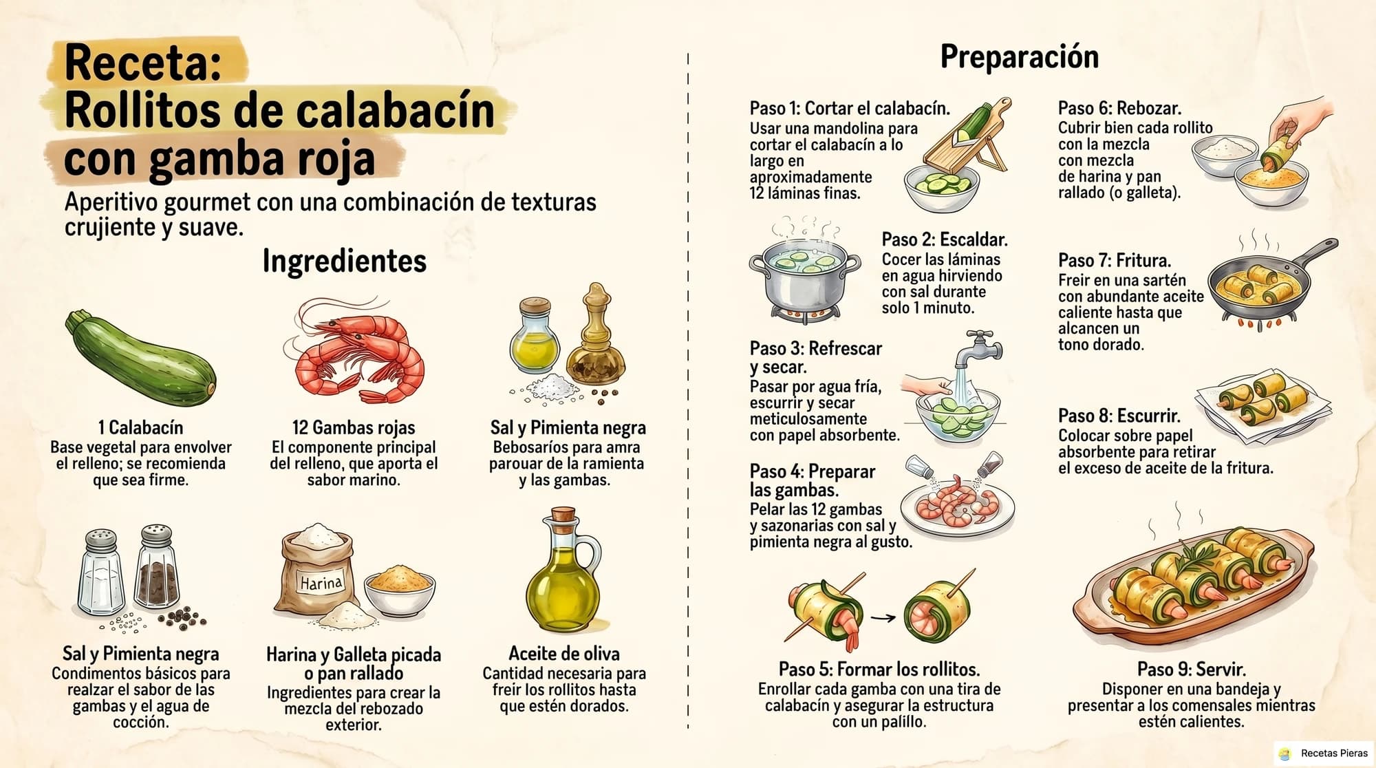 Infografía con los ingredientes y la preparación de Rollitos de calabacín con gamba roja