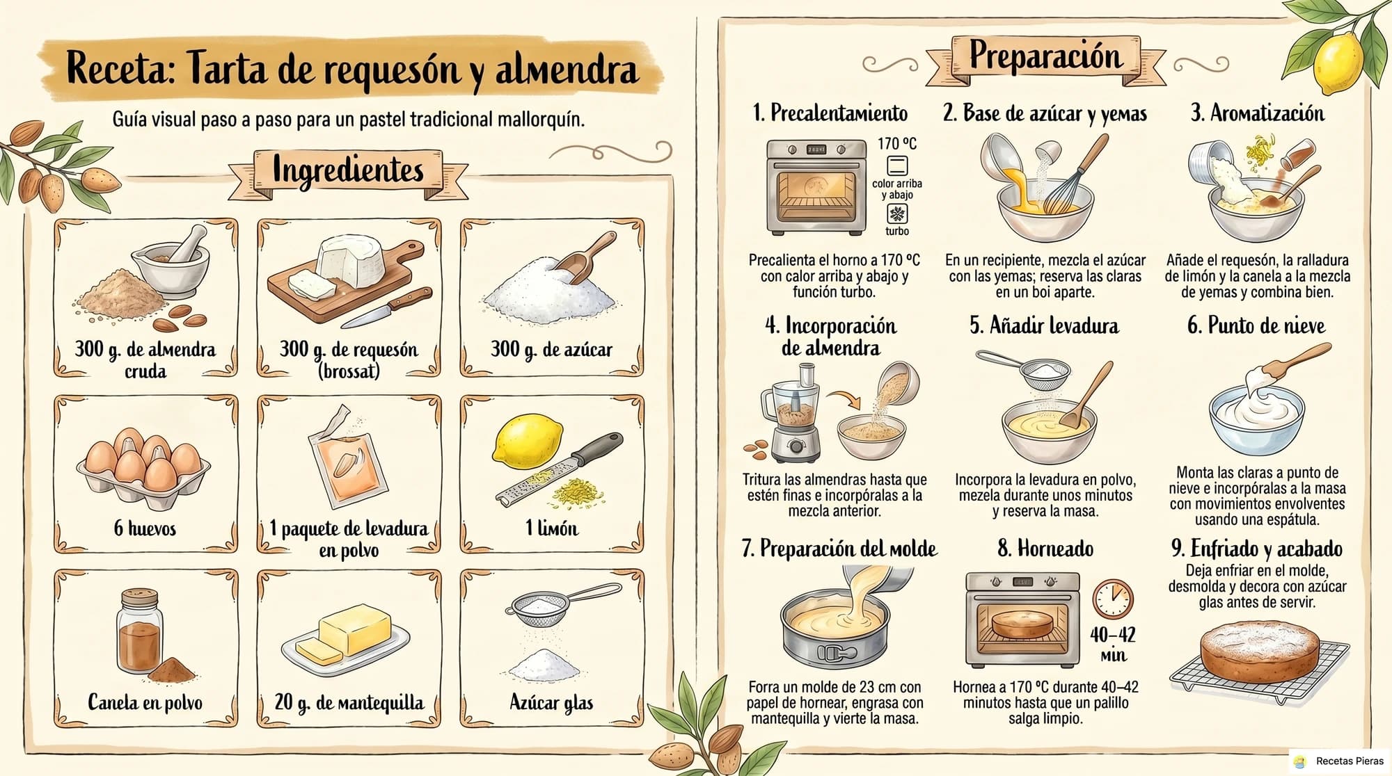 Infografía con los ingredientes y la preparación de Tarta de requesón y almendra
