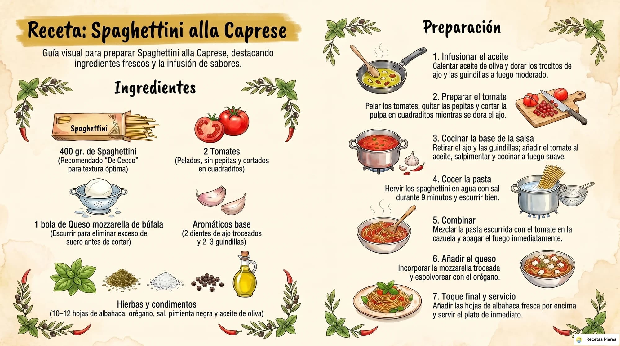 Infografía con los ingredientes y la preparación de Spaghettini alla caprese