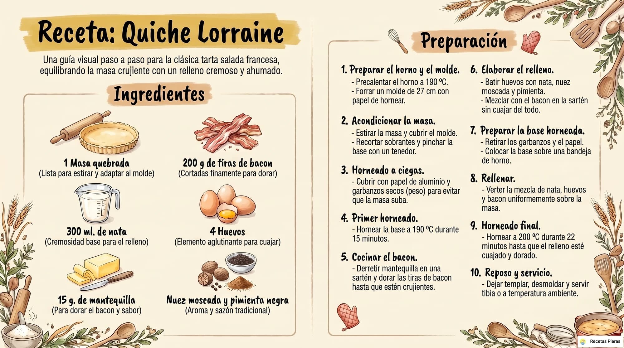 Infografía con los ingredientes y la preparación de Quiche lorraine