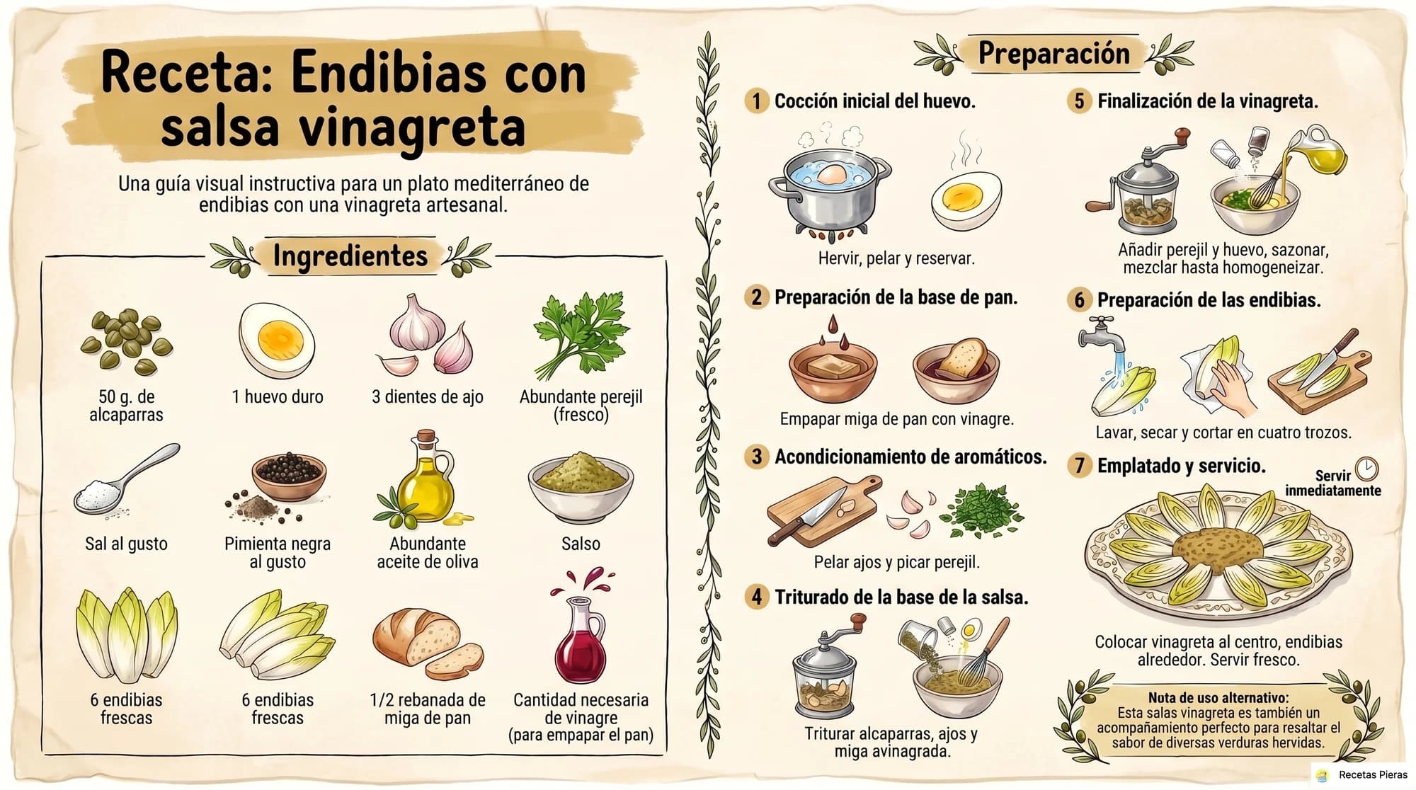 Infografía con los ingredientes y la preparación de Endibias con salsa vinagreta
