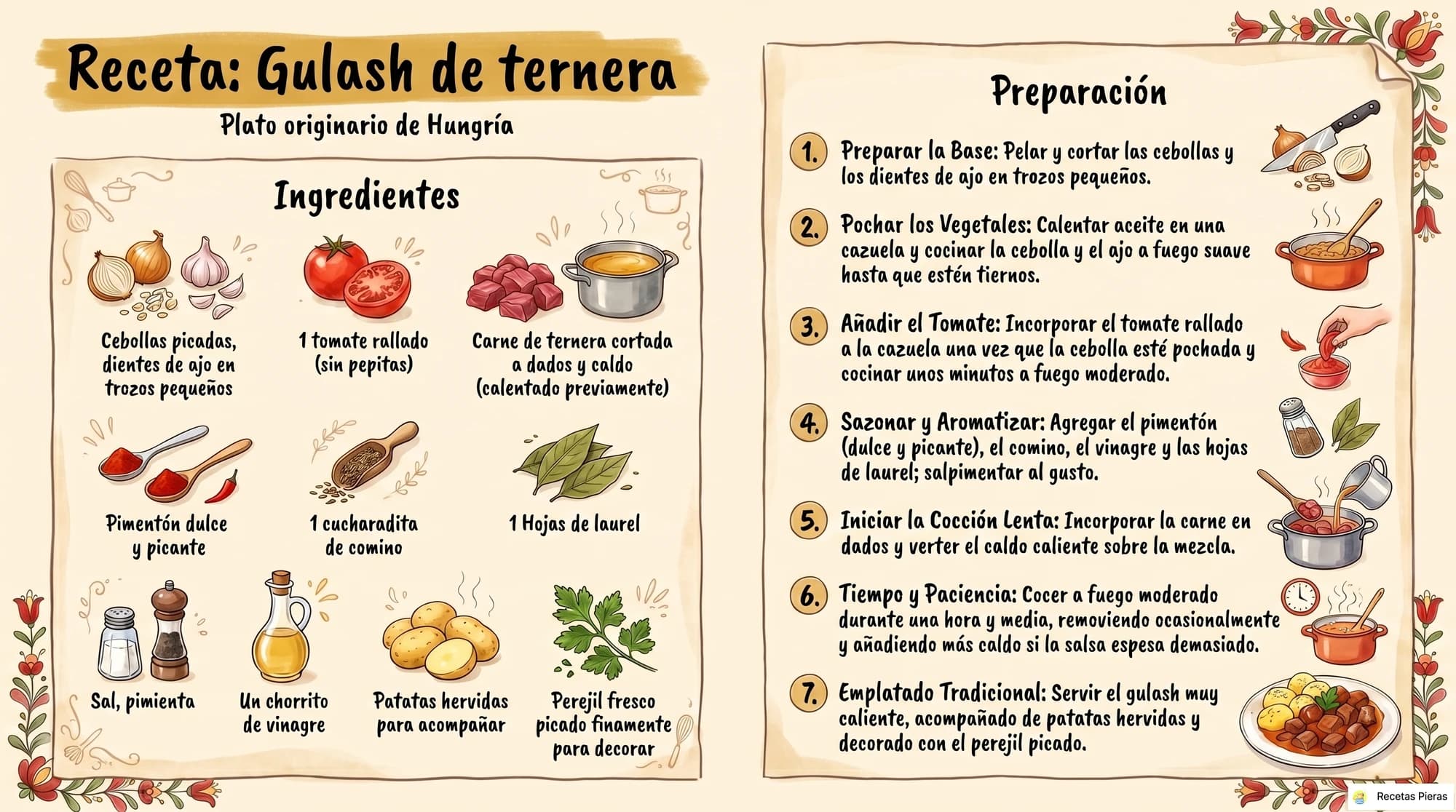 Infografía con los ingredientes y la preparación de Gulash de ternera