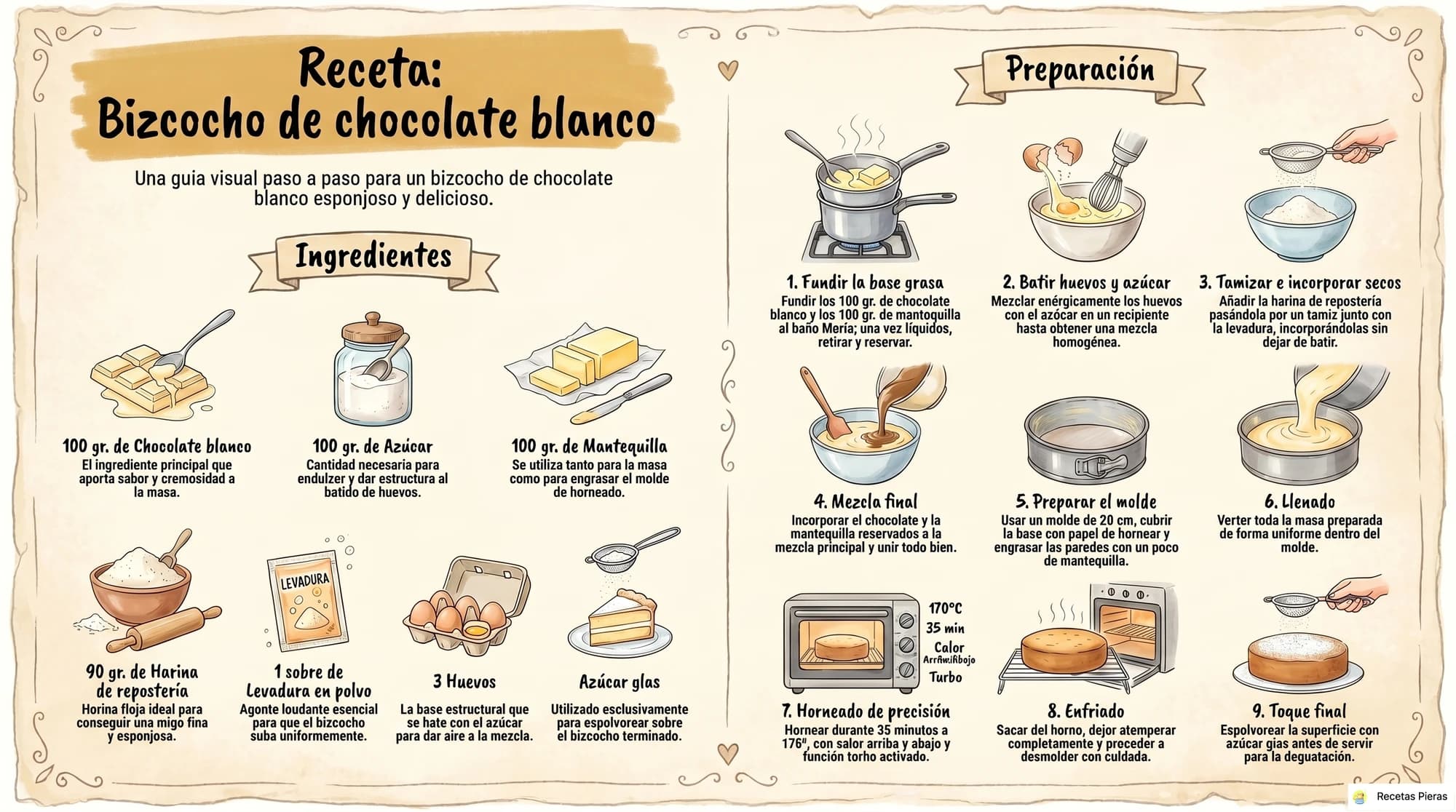 Infografía con los ingredientes y la preparación de Bizcocho de chocolate blanco
