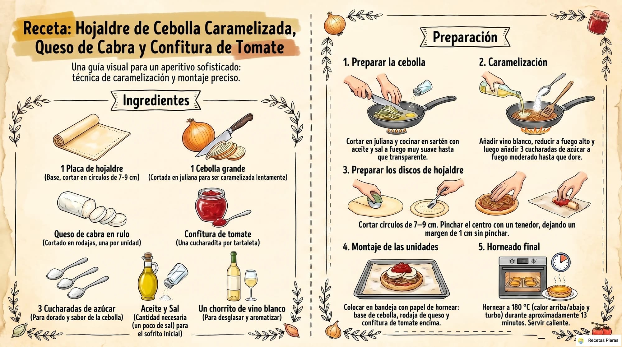 Infografía con los ingredientes y la preparación de Hojaldre con cebolla caramelizada, queso de cabra y confitura de tomate