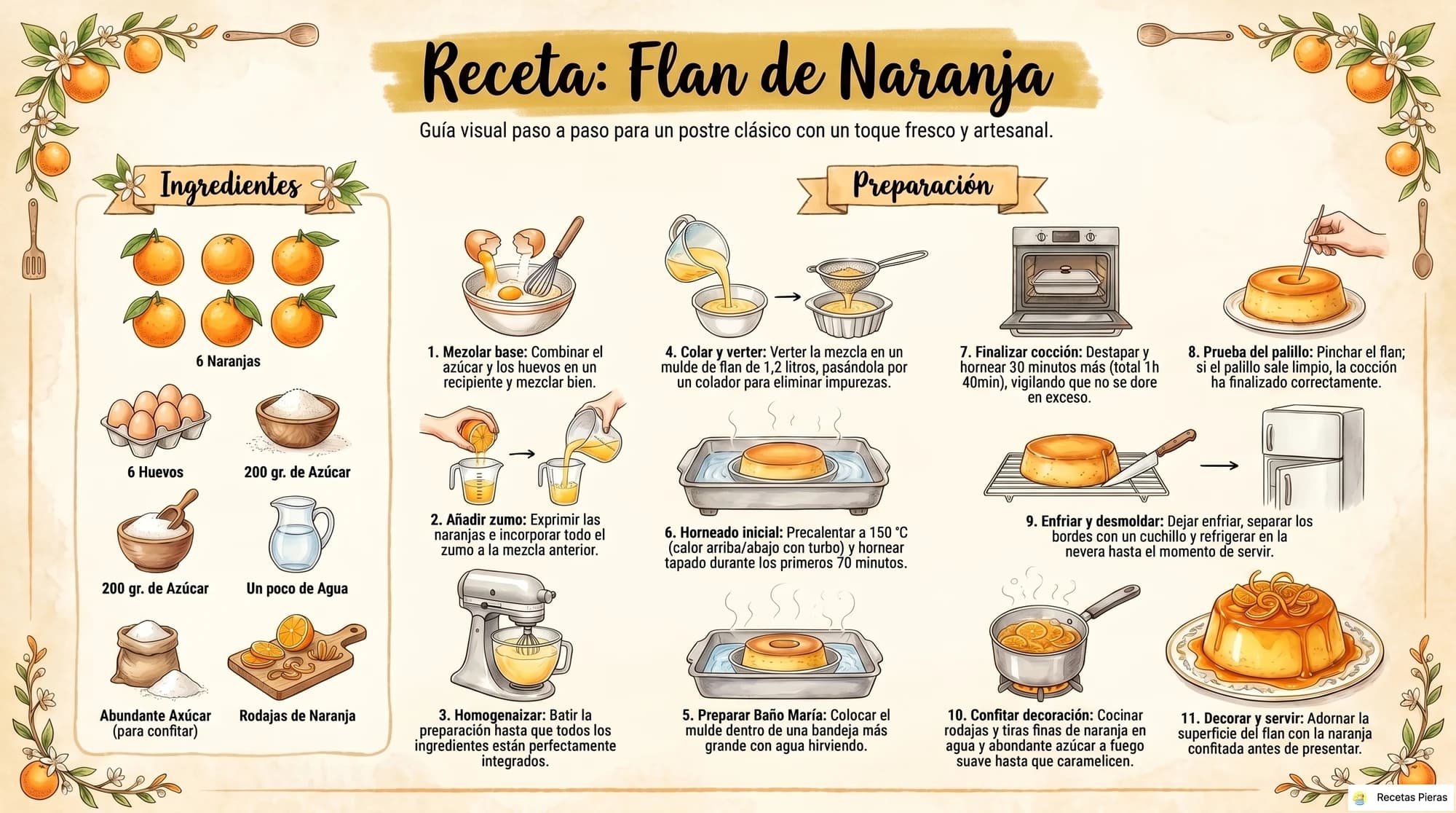 Infografía con los ingredientes y la preparación de Flan de naranja