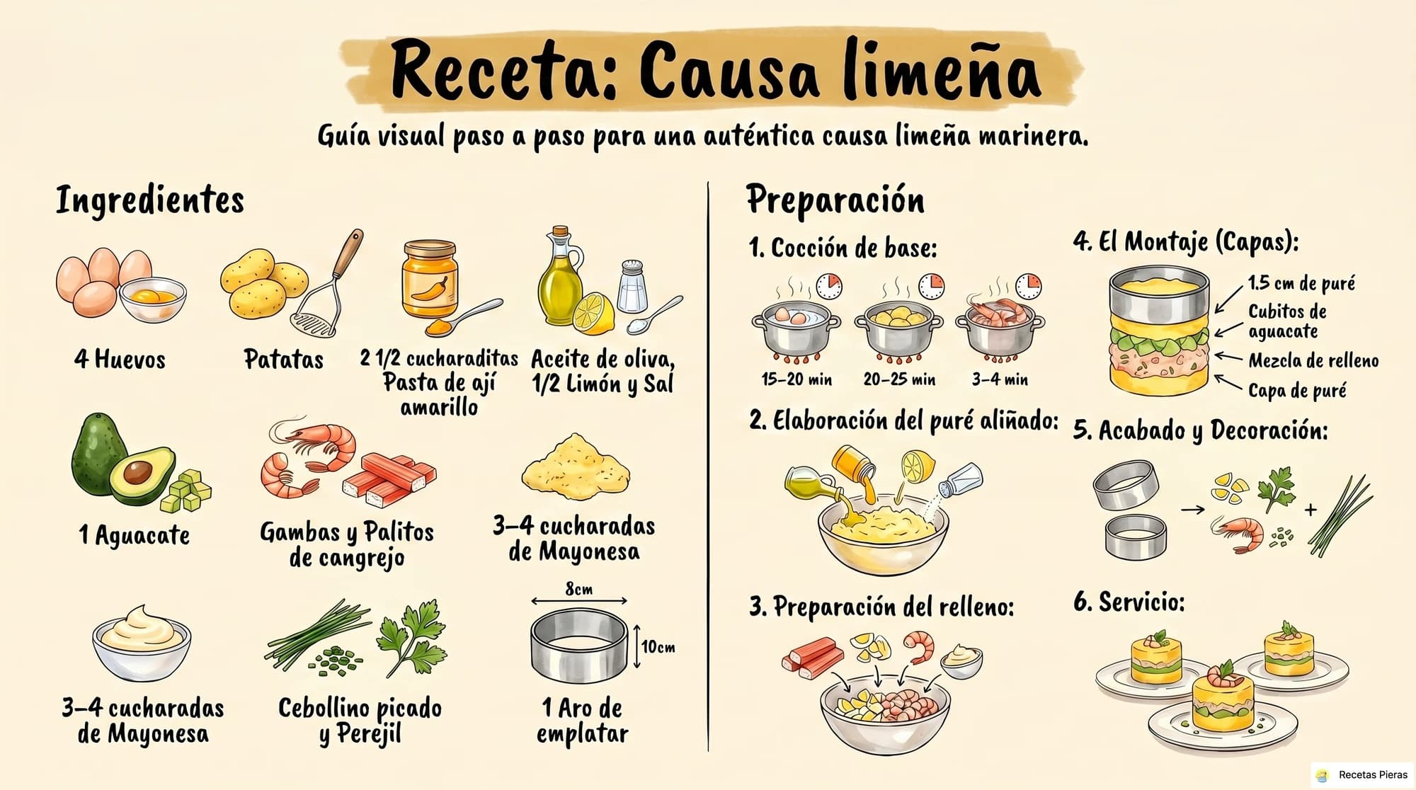 Infografía con los ingredientes y la preparación de Causa limeña