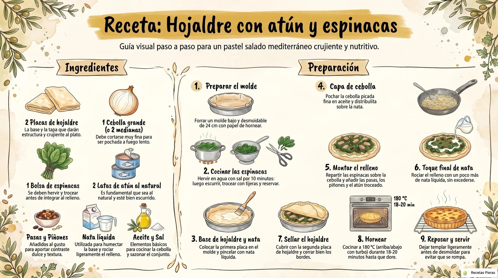 Infografía con los ingredientes y la preparación de Hojaldre con atún y espinacas