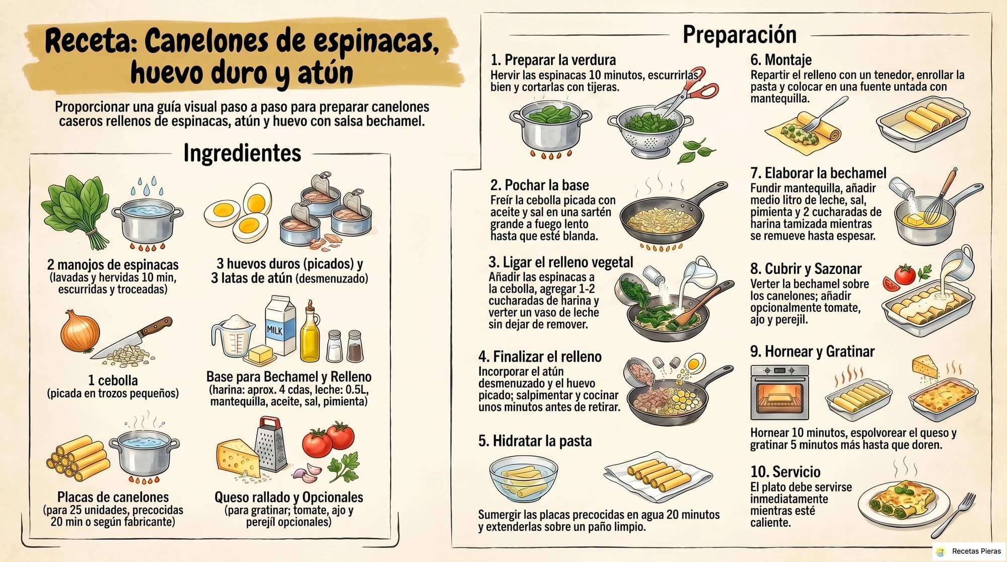 Infografía con los ingredientes y la preparación de Canelones de espinacas, huevo duro y atún