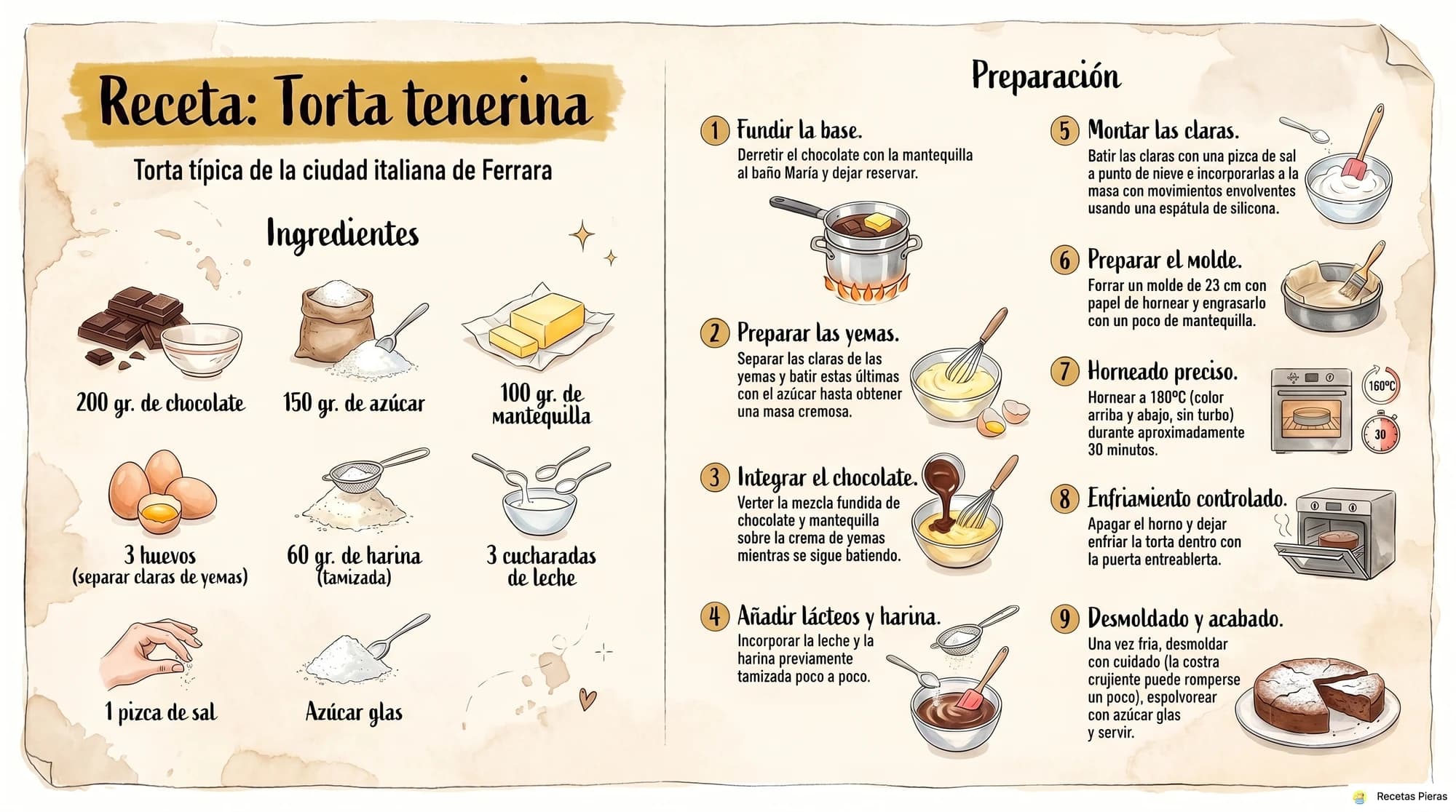 Infografía con los ingredientes y la preparación de Torta tenerina