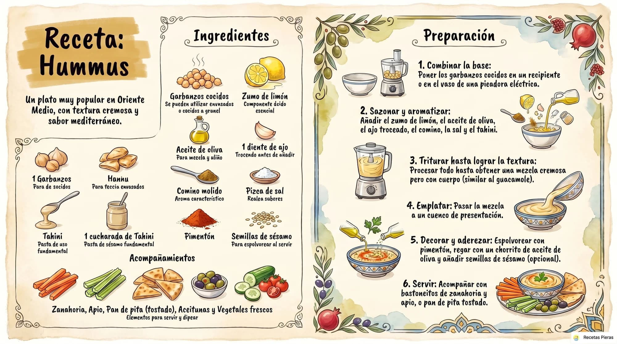 Infografía con los ingredientes y la preparación de Hummus