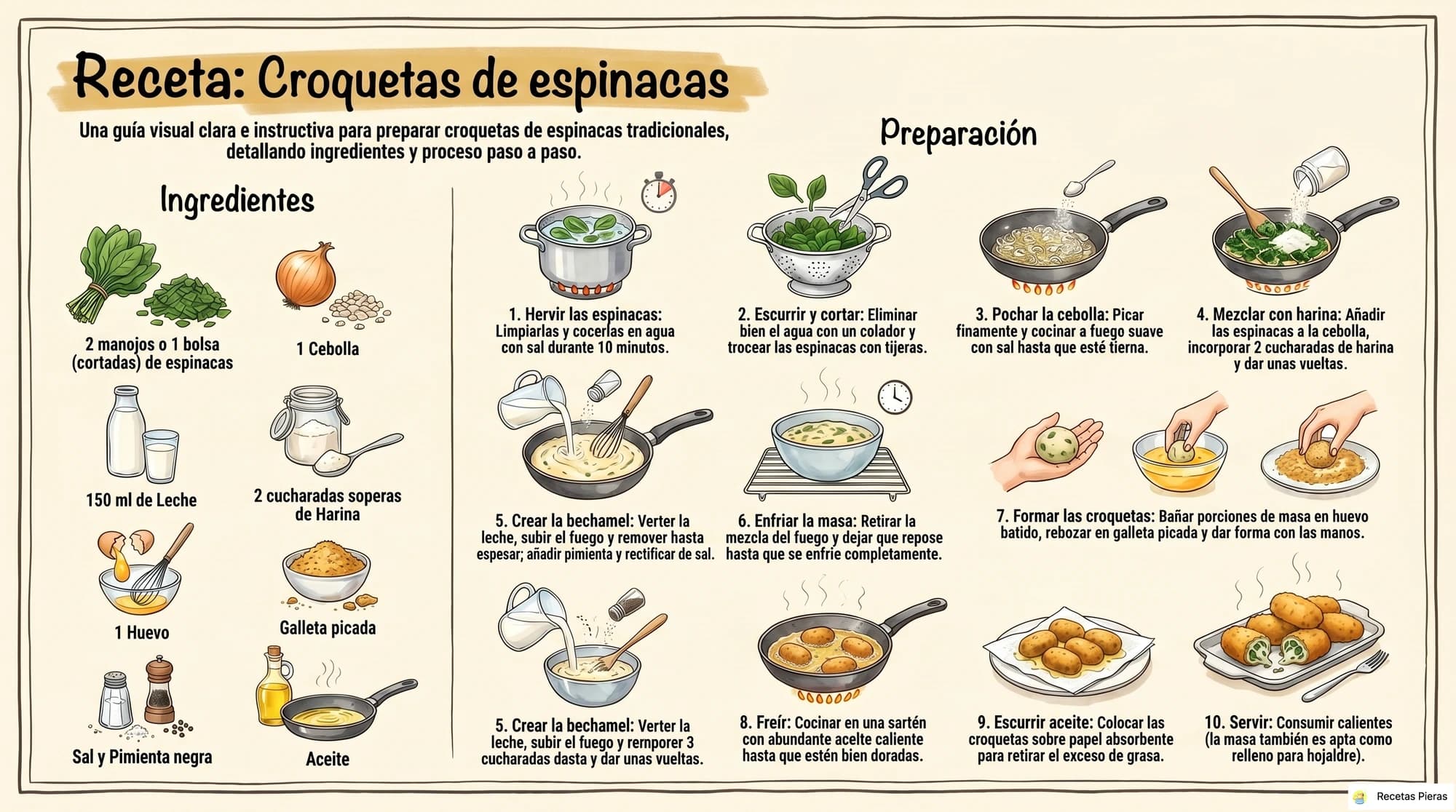 Infografía con los ingredientes y la preparación de Croquetas de espinacas