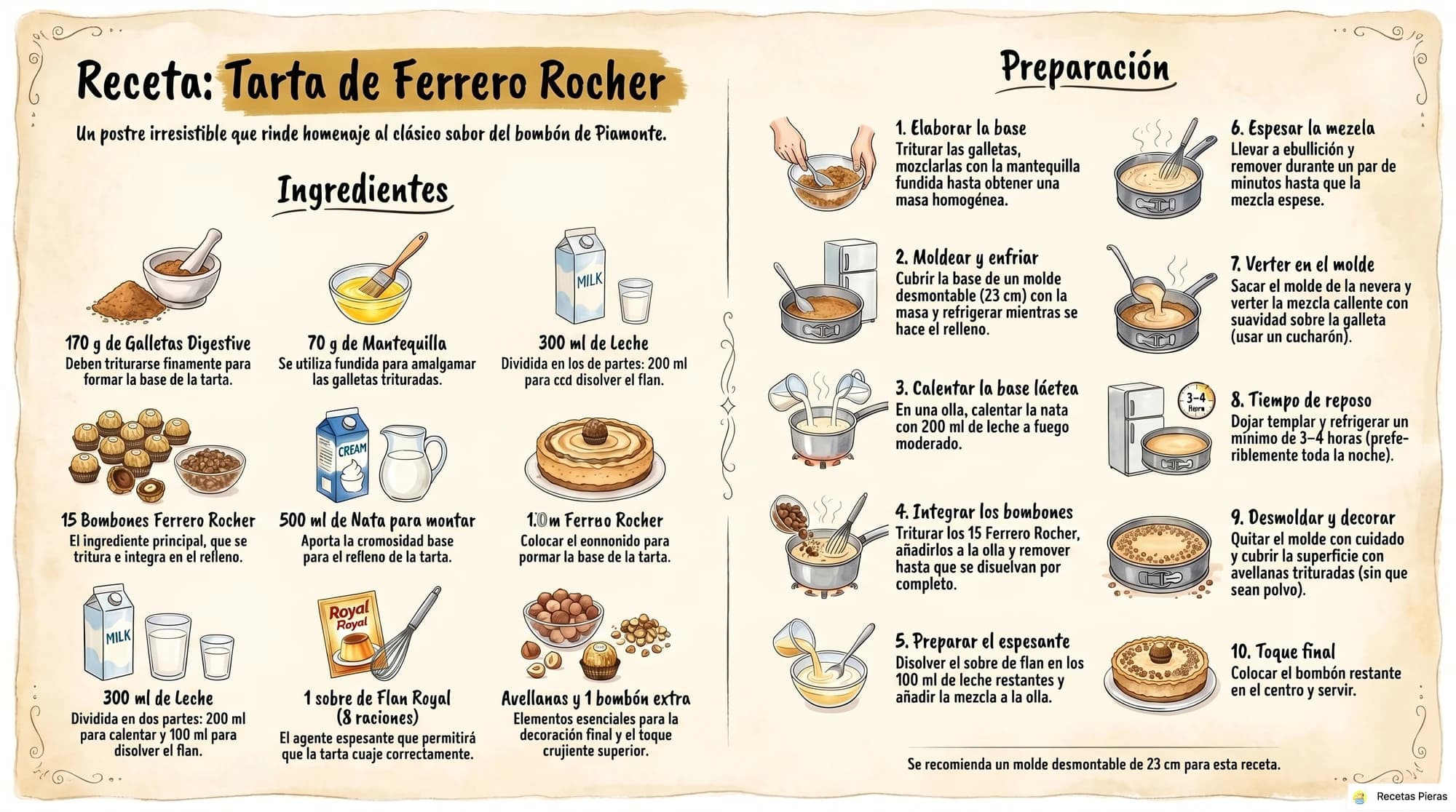 Infografía con los ingredientes y la preparación de Tarta de ferrero rocher